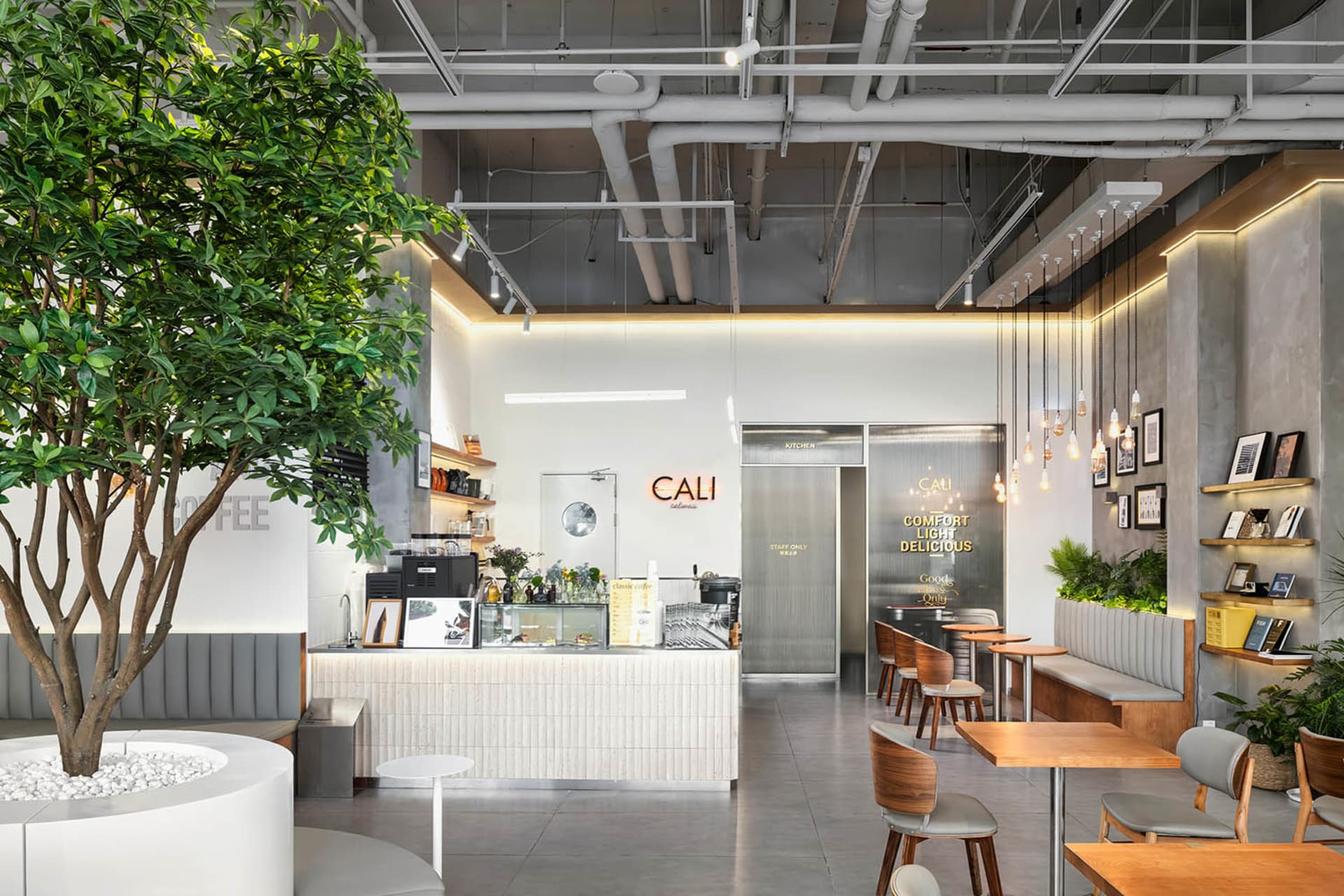 Modern industrial-style cafe interior with a large potted tree in a white pebble planter, wooden tables and chairs, concrete walls, and pendant lighting.