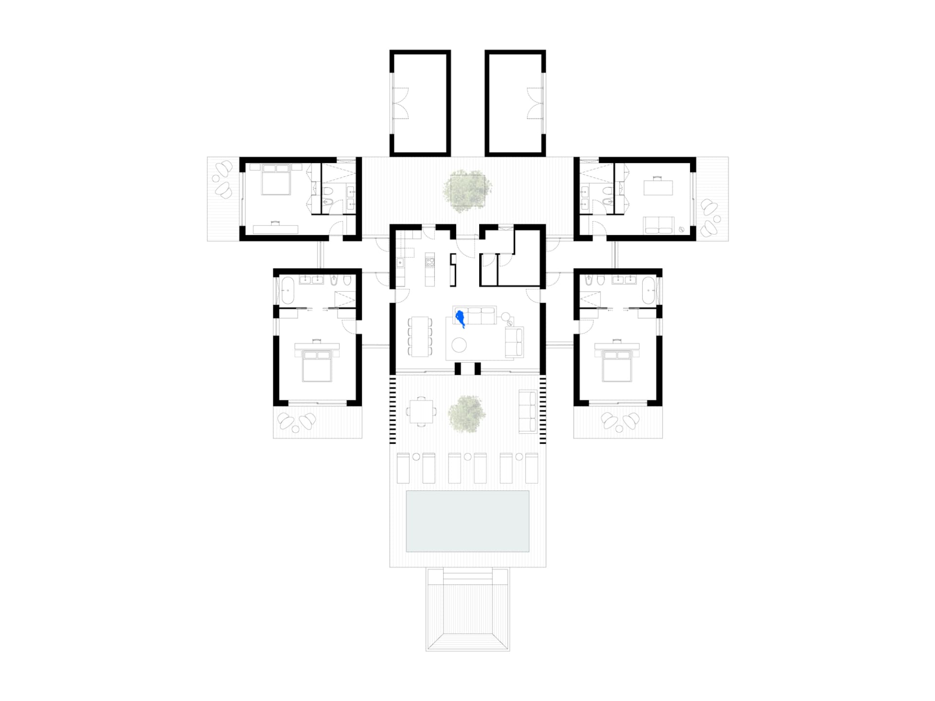 Black and white architectural floor plan of a symmetrical cross-shaped luxury villa featuring multiple bedrooms, living areas, a central courtyard with trees, and a large rectangular swimming pool at the bottom.