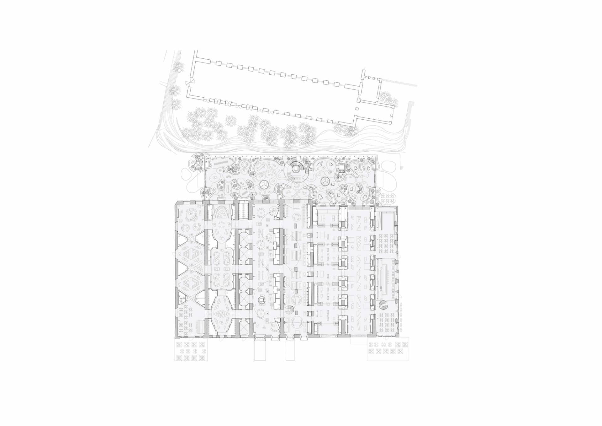 Black and white architectural floor plan drawing of a luxury resort complex, displaying detailed room layouts, circulation paths, multiple courtyards, and extensive surrounding landscape and garden areas.