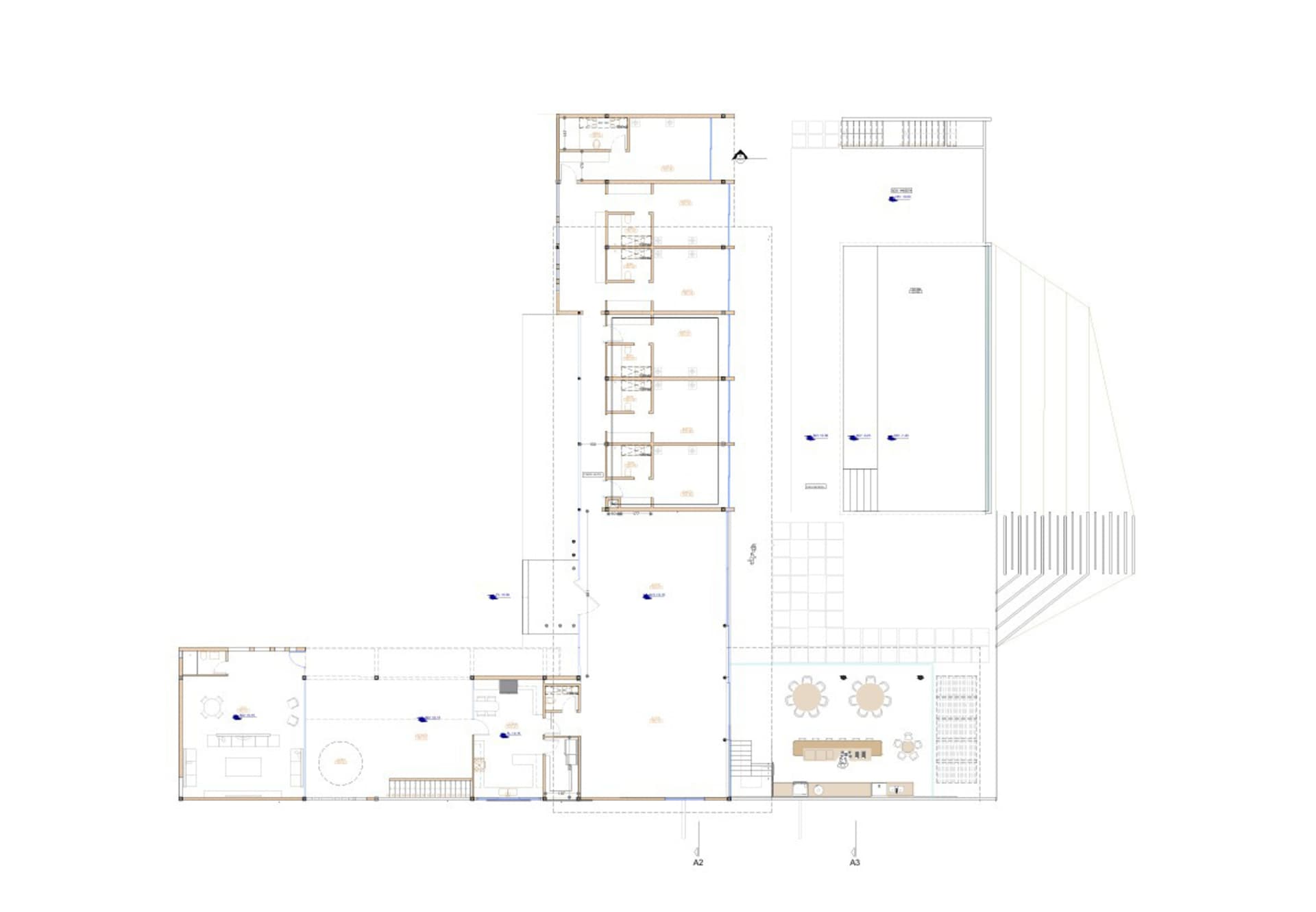 Architectural floor plan drawing of a modern multi-story villa featuring living room, dining area, multiple bedrooms, kitchen, and extensive outdoor terraces.