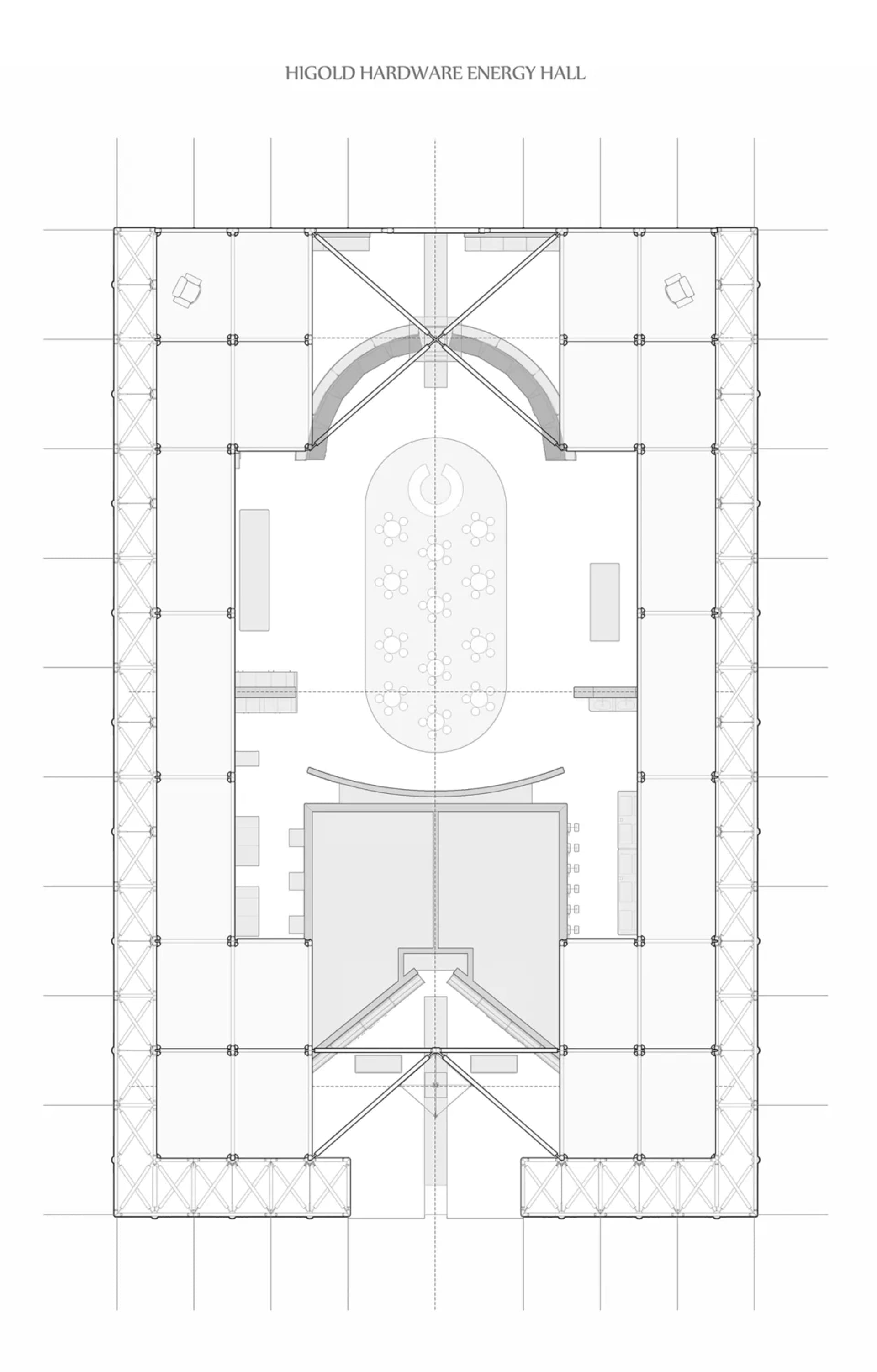 Black and white technical floor plan of the Higold Hardware Energy Hall, displaying an oval central atrium, stage area, seating arrangements, and prominent X-shaped steel roof trusses.