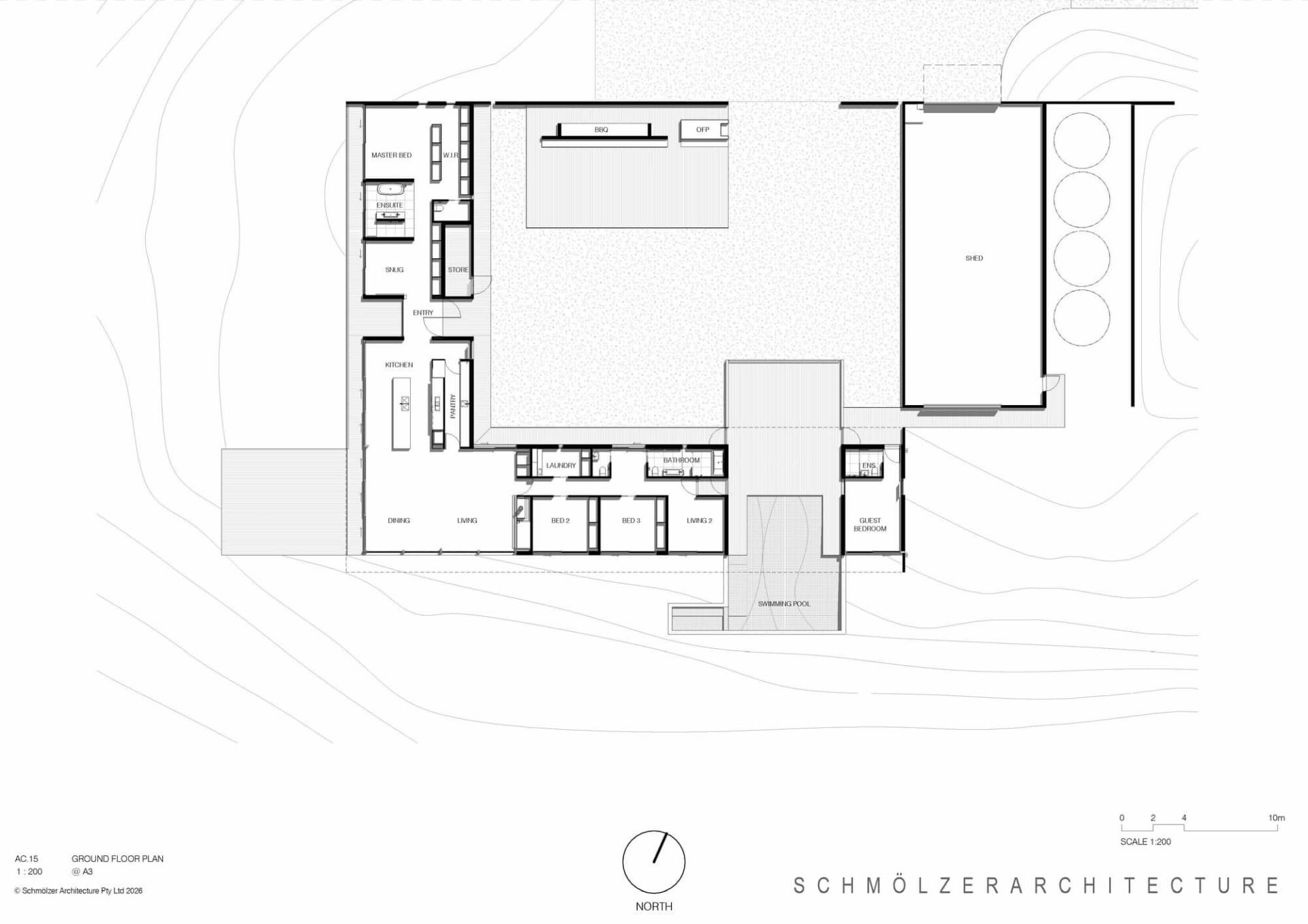 Black and white architectural ground floor plan drawing of a modern single-level residence featuring master bedroom, three additional bedrooms, open-plan kitchen, dining and living areas, laundry, multiple bathrooms, and an extensive outdoor area with swimming pool, BBQ, and shed.