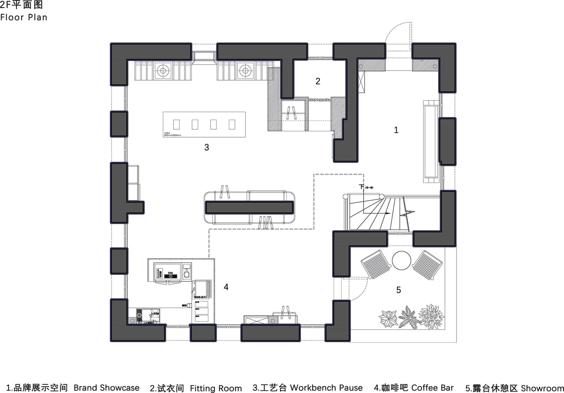 Black and white 2D floor plan of a modern retail showroom labeled in both English and Chinese, showing Brand Showcase, Fitting Room, Workbench Pause, Coffee Bar, and Outdoor Showroom terrace.
