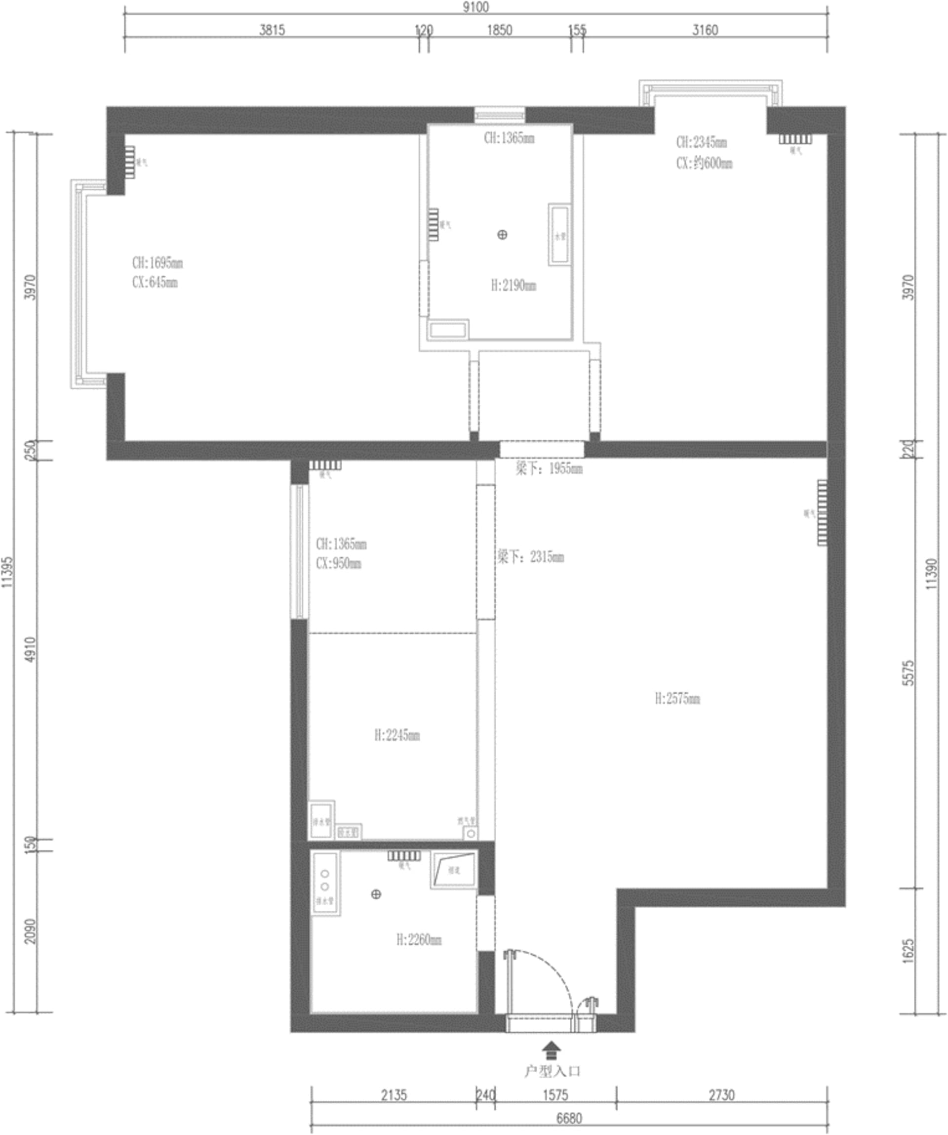 Technical floor plan drawing of a 91 square meter three-bedroom apartment showing room dimensions, walls, doors and structural beams.