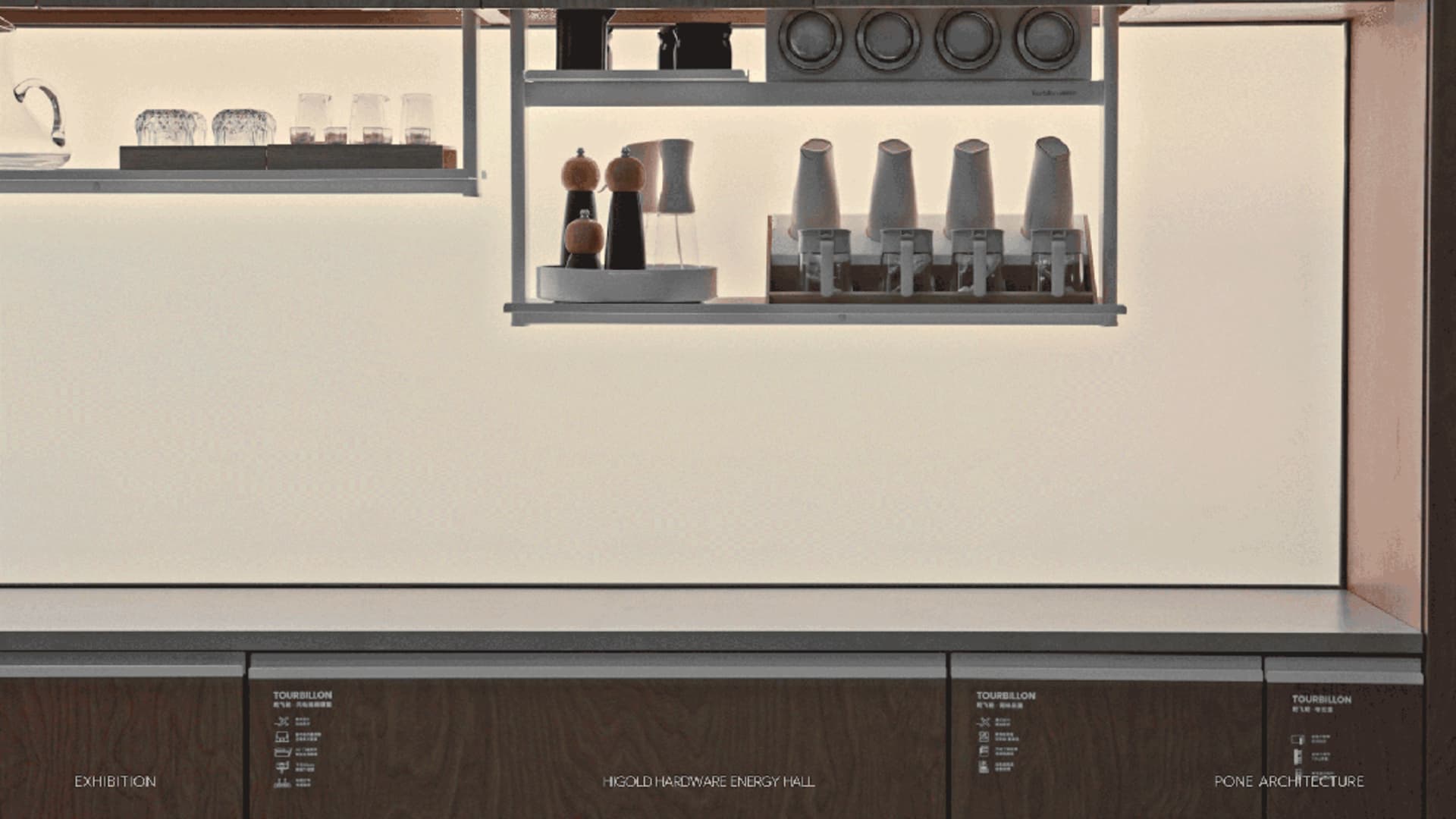 Modern minimalist kitchen featuring dark walnut lower cabinets and white floating open shelves with backlit display area, showcasing organized glassware and tableware.
