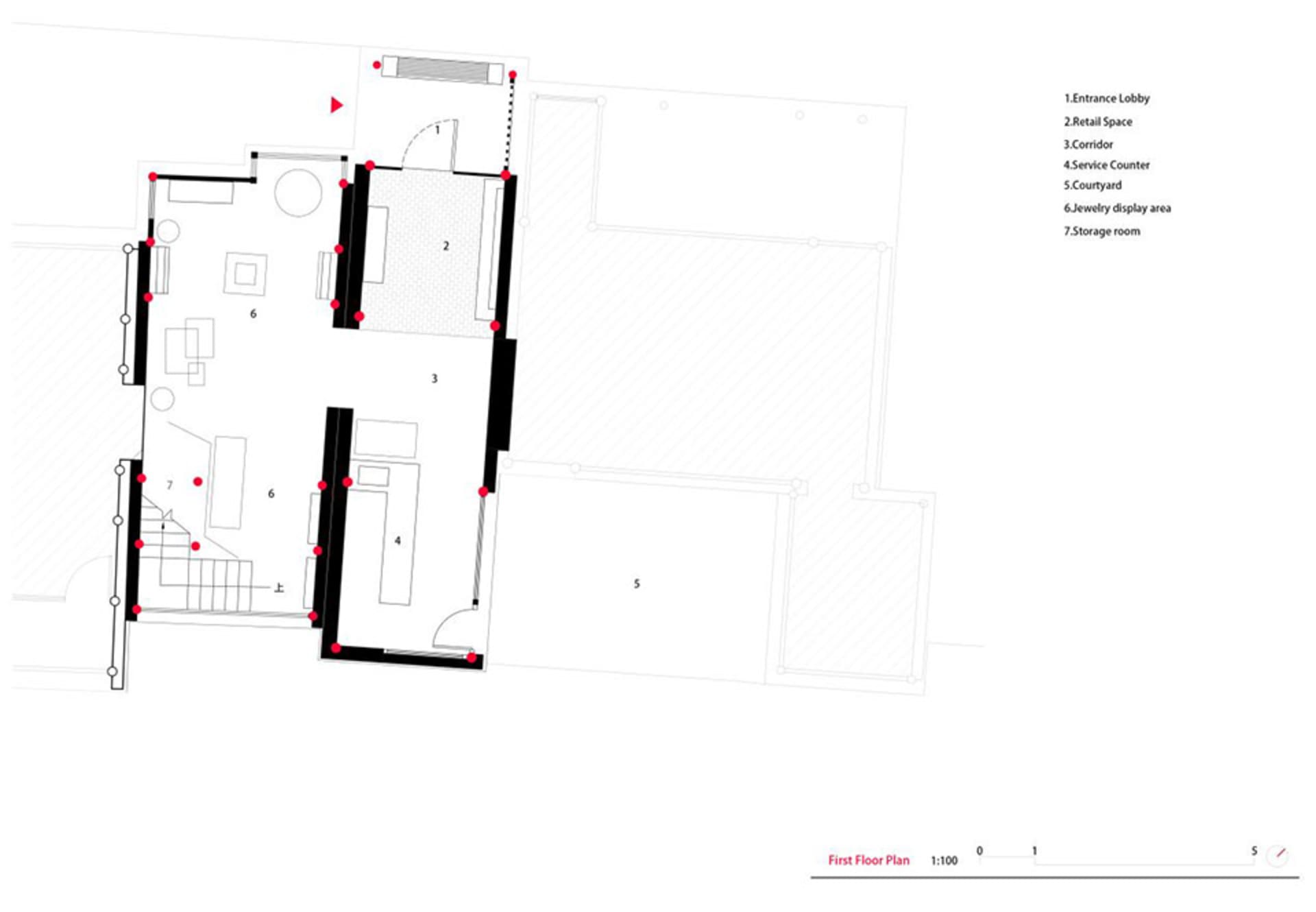 Black and white first floor architectural plan of a jewelry retail boutique showing entrance lobby, retail space, corridor, service counter, courtyard, jewelry display area, and storage room at 1:100 scale.