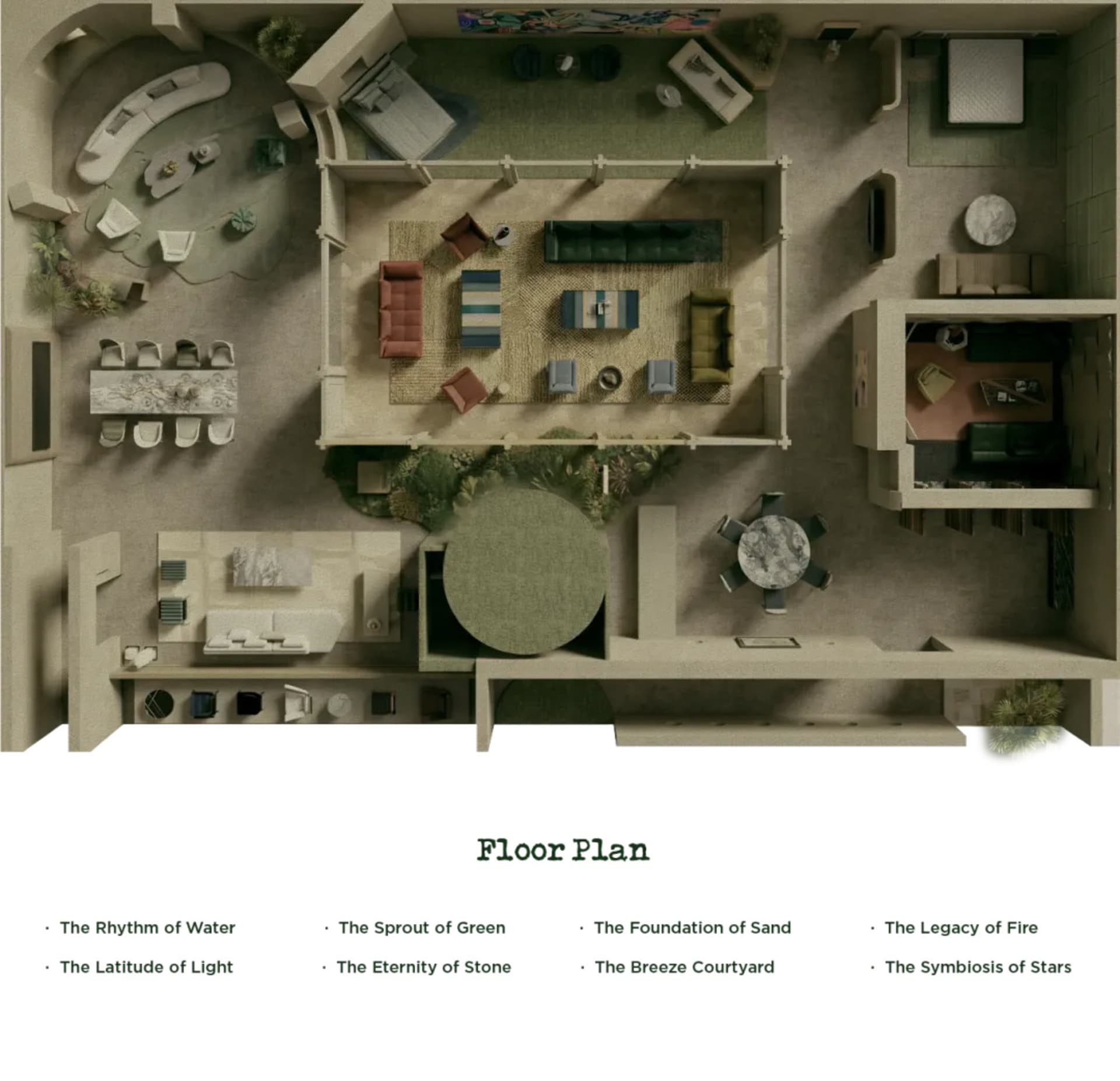 Architectural floor plan rendering of a high-end residential complex featuring multiple living, dining, and bedroom zones arranged around landscaped courtyards.