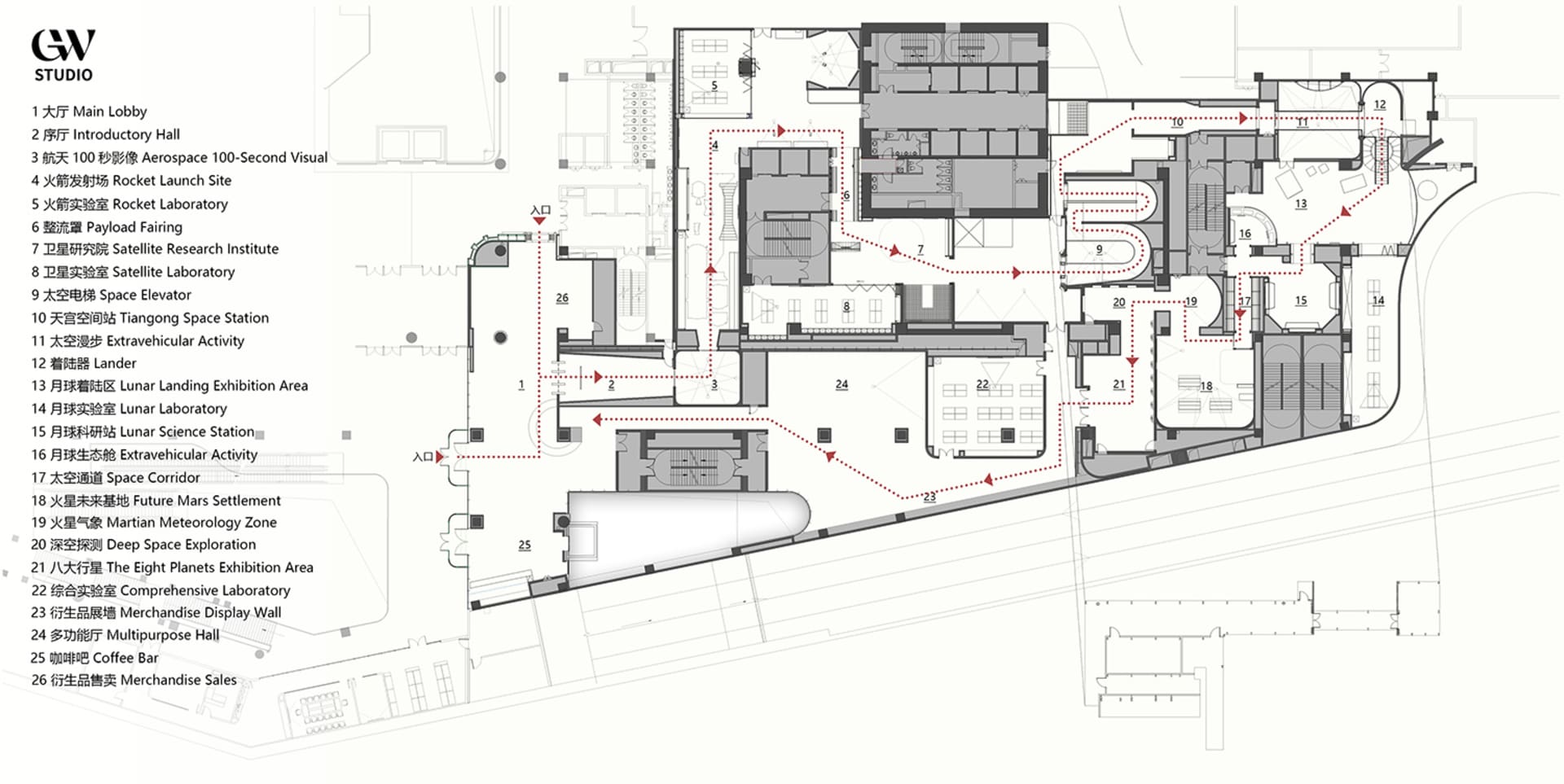 Black and white architectural floor plan of a large aerospace science museum with numbered exhibition halls, laboratories, and circulation paths.