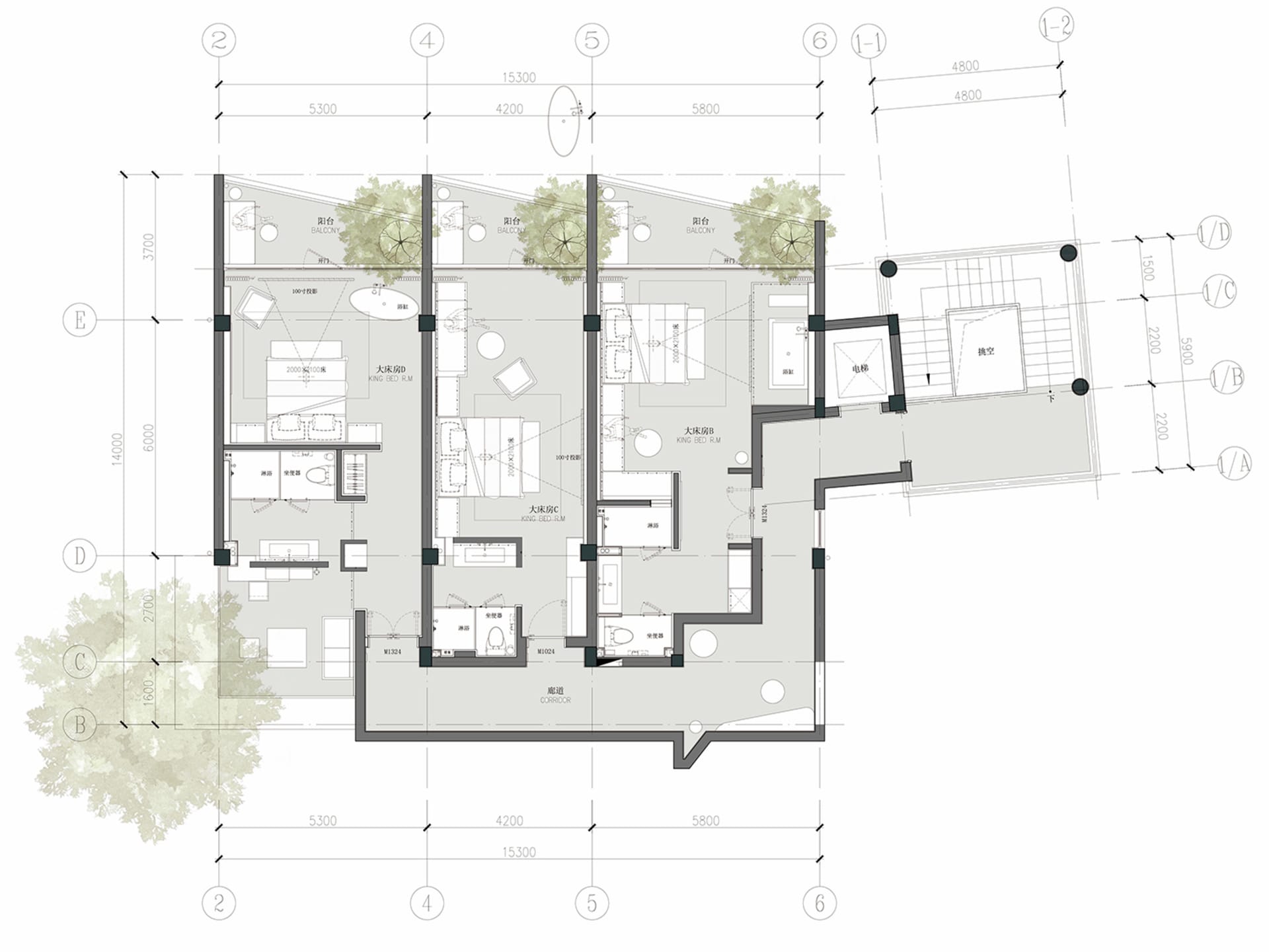 Architectural floor plan of a luxury triplex villa featuring four king bedrooms, multiple bathrooms, living areas, and three large balconies with dimension lines and landscaping indicators.
