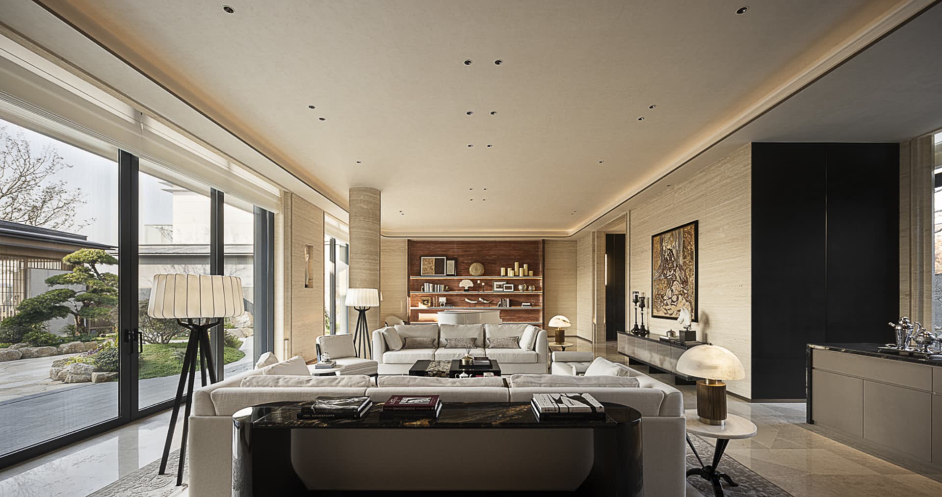Modern luxury living room featuring light travertine walls, a large white sectional sofa, black marble coffee table, and large glass doors opening to a Japanese-style garden with bonsai trees.