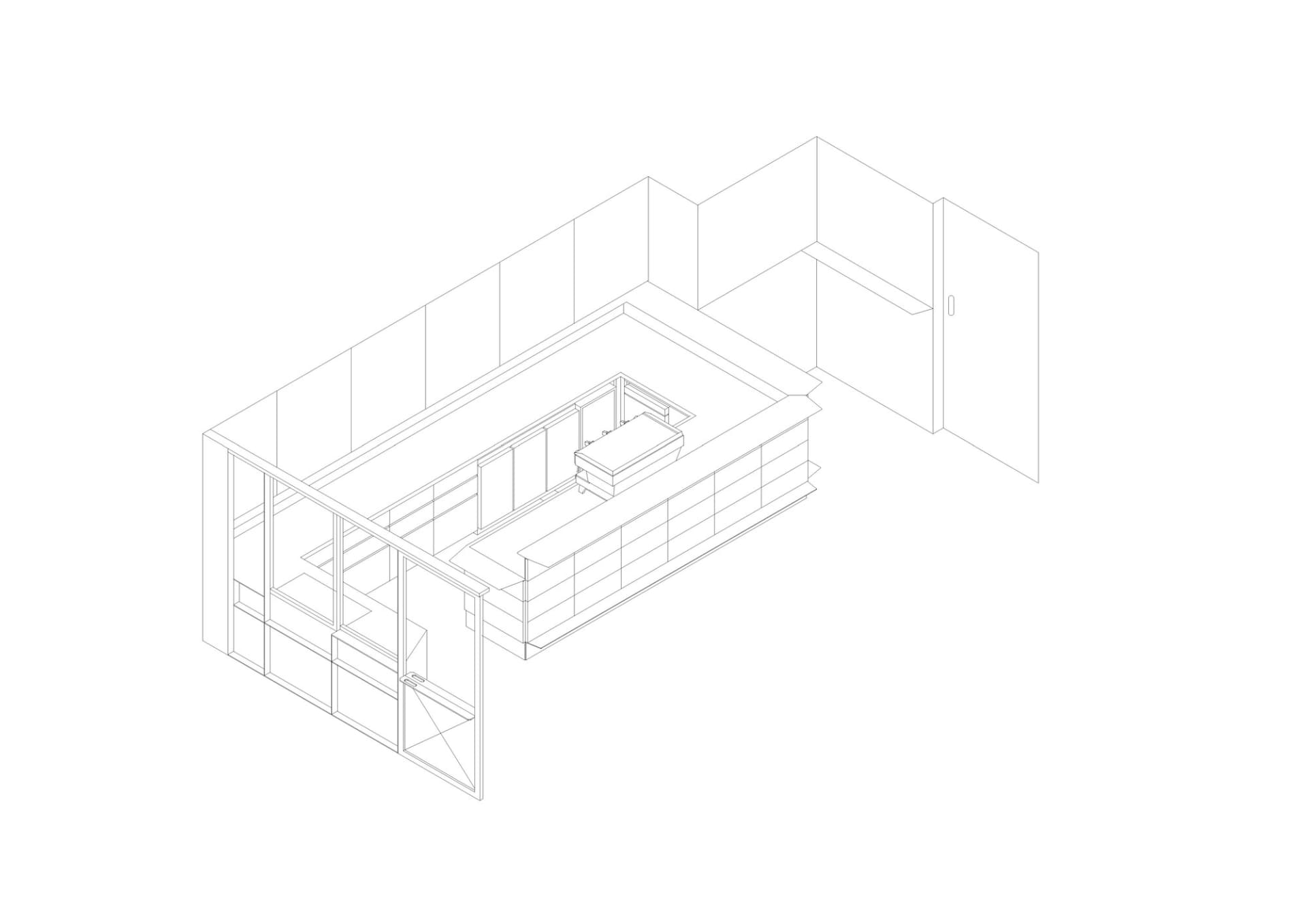 Isometric architectural line drawing of a modern minimalist kitchen floor plan featuring a large central island, cabinetry, and multiple access points.