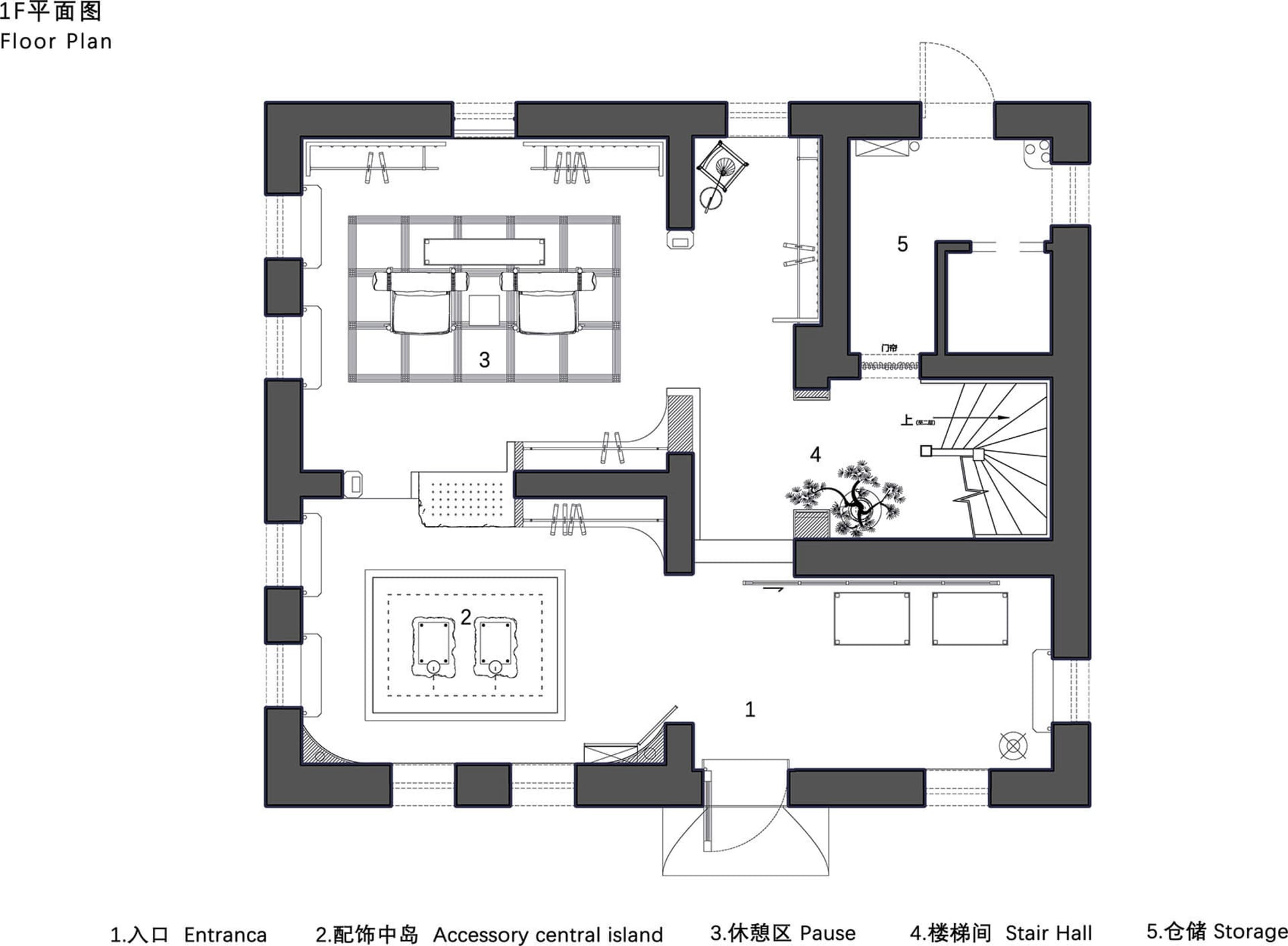 Black and white architectural floor plan of a modern two-story residence showing entrance, accessory central island, pause area, stair hall and storage zones.