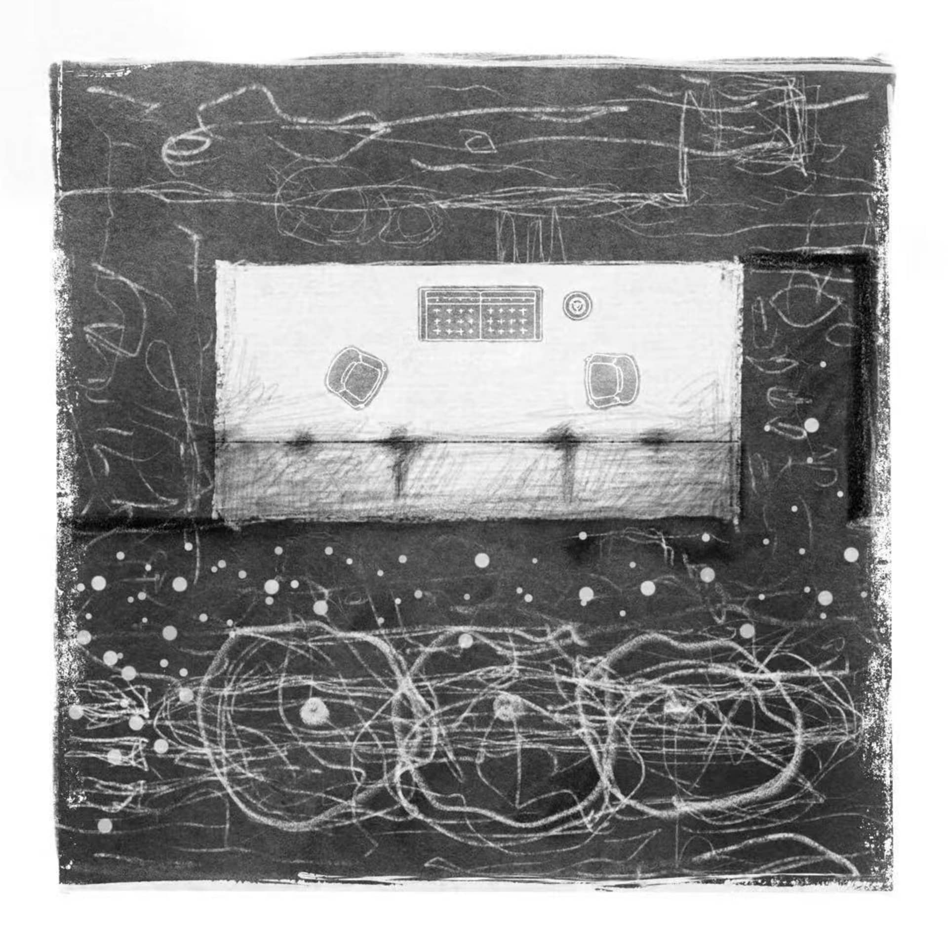 Monochrome mixed-media artwork depicting a top-down living room floor plan with two armchairs, a long sofa, and a media console, surrounded by abstract charcoal scribbles and white dot patterns on a dark background.