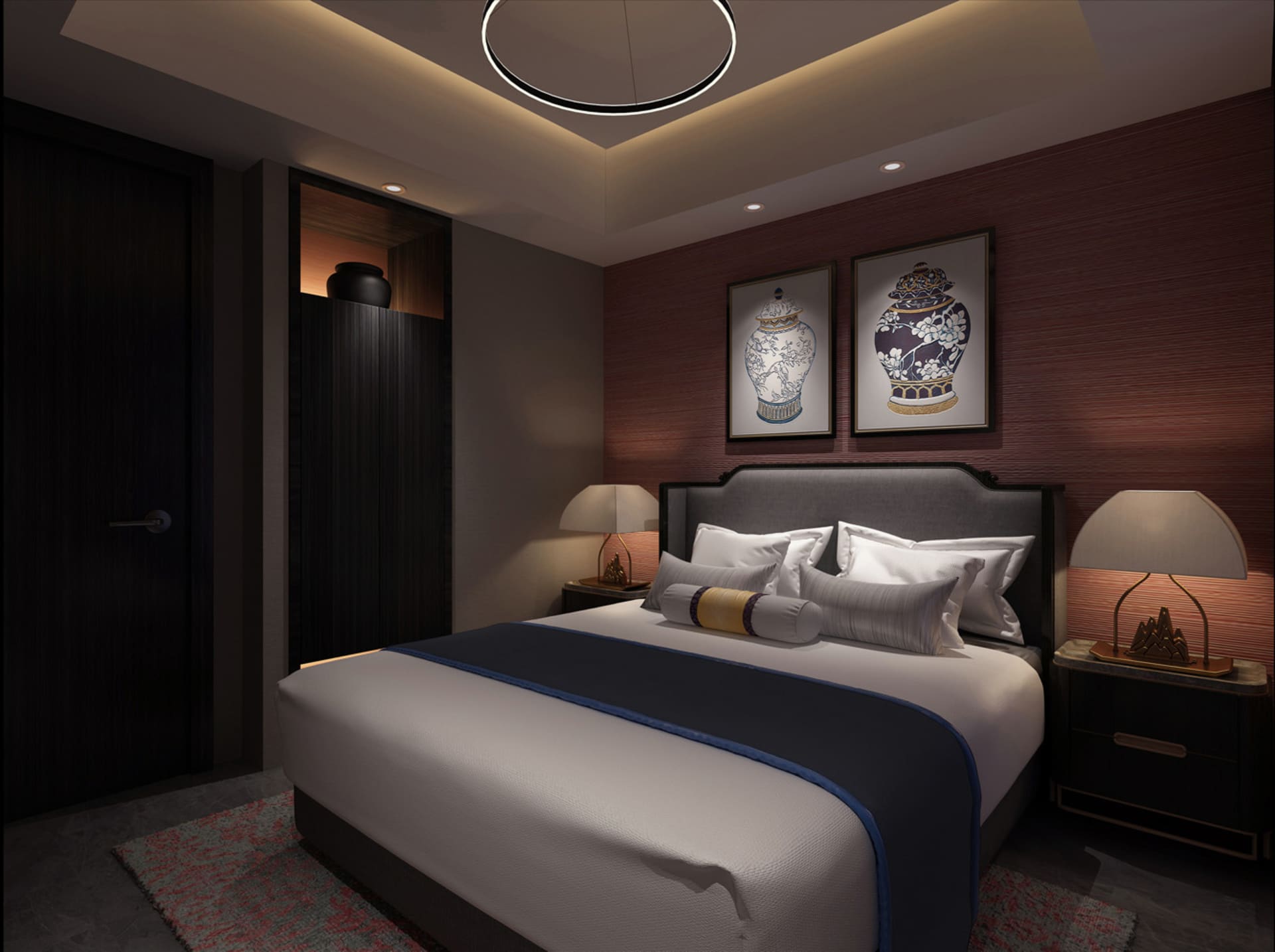 Modern luxury bedroom featuring a large bed with white and navy bedding, two framed Chinese porcelain artworks on a deep red textured wall, dark walnut furniture, and warm ambient lighting.