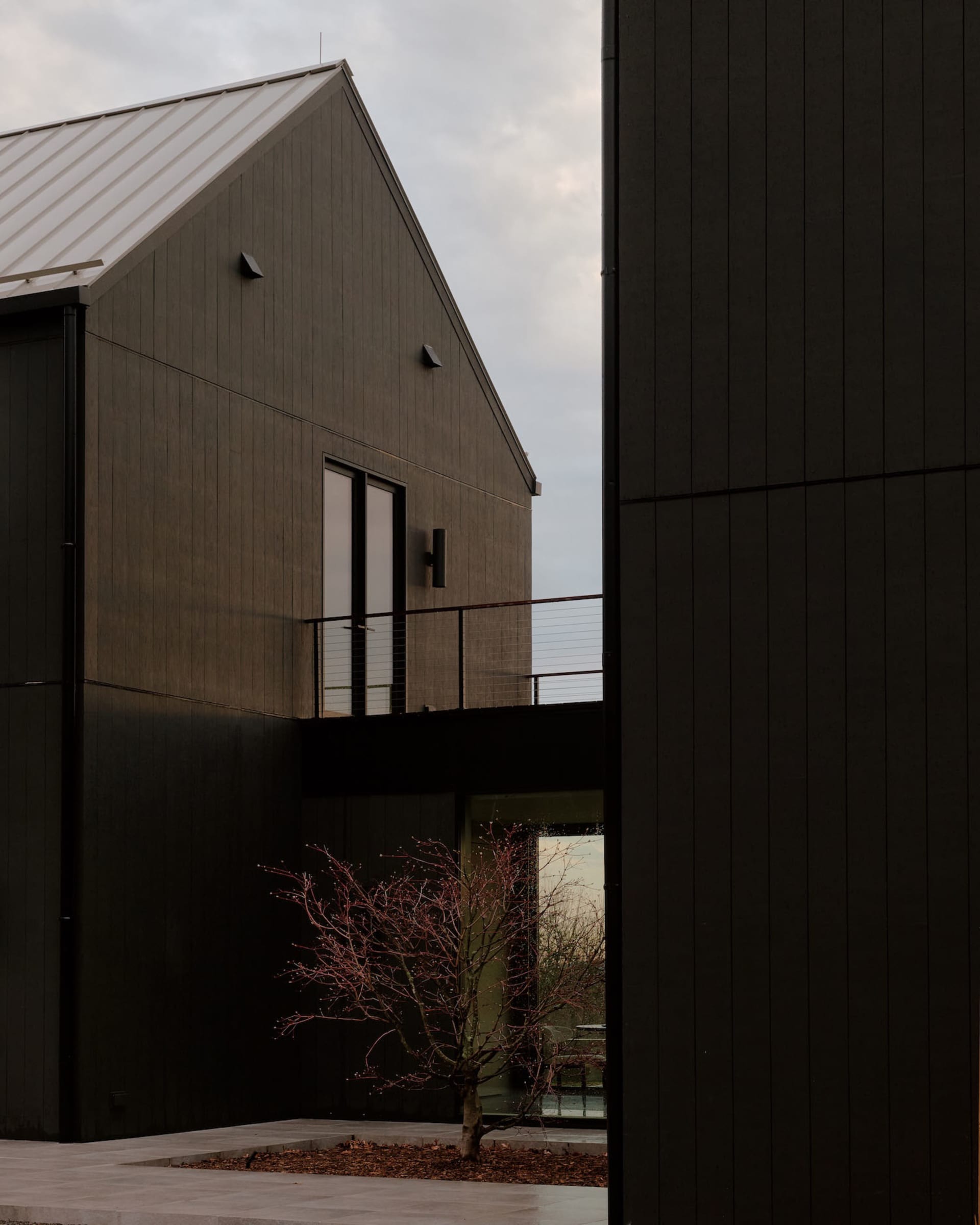 Modern dark charred wood barn-style house exterior featuring a second-floor balcony with cable railing, large windows, and a small red-leafed tree in the foreground.