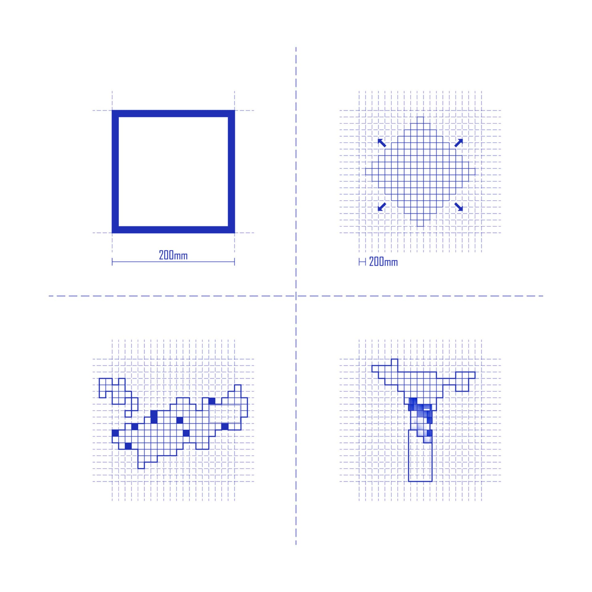 Four blue technical drawings on a white background arranged in a grid, showing pixel-art style floor plans and architectural diagrams with dimension labels of 200mm.