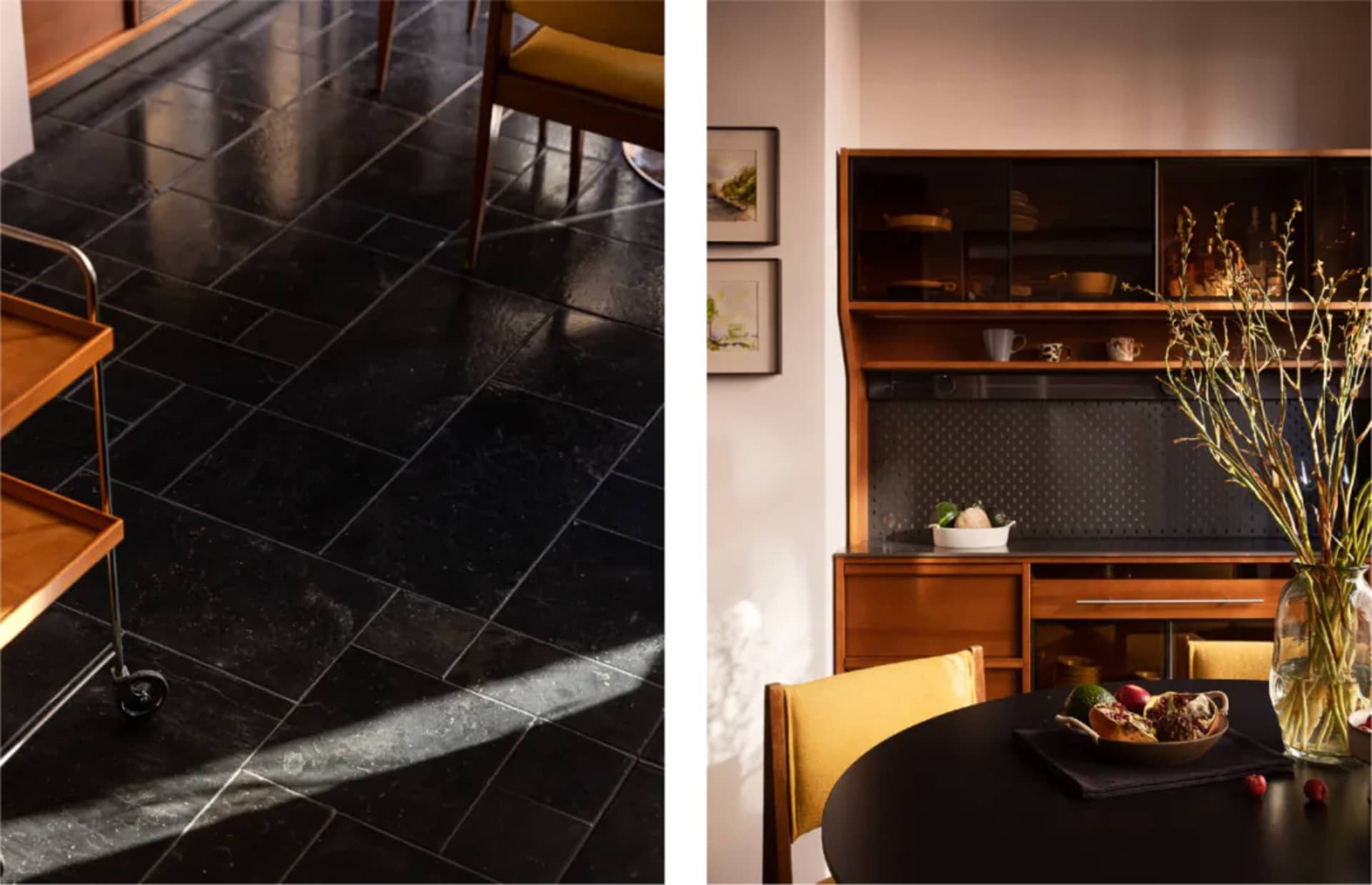Split view of a modern dining room featuring glossy black slate tile flooring, a wooden bar cart, mustard-yellow dining chairs, and a mid-century teak wood hutch with glass display cabinets.