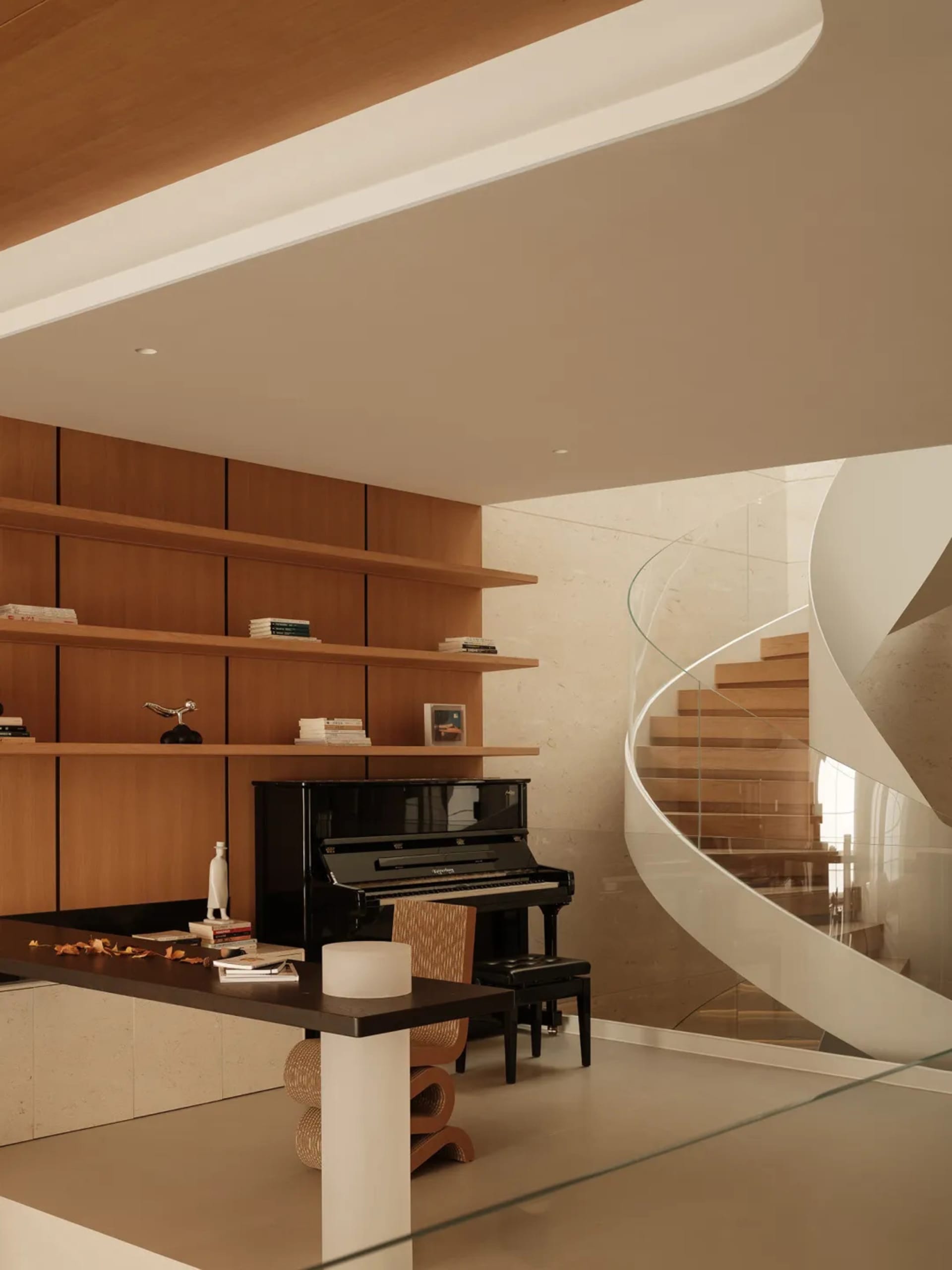 Modern interior featuring a black grand piano, built-in walnut bookshelves, a sculptural curved glass and wood staircase, and contemporary furniture under warm lighting.