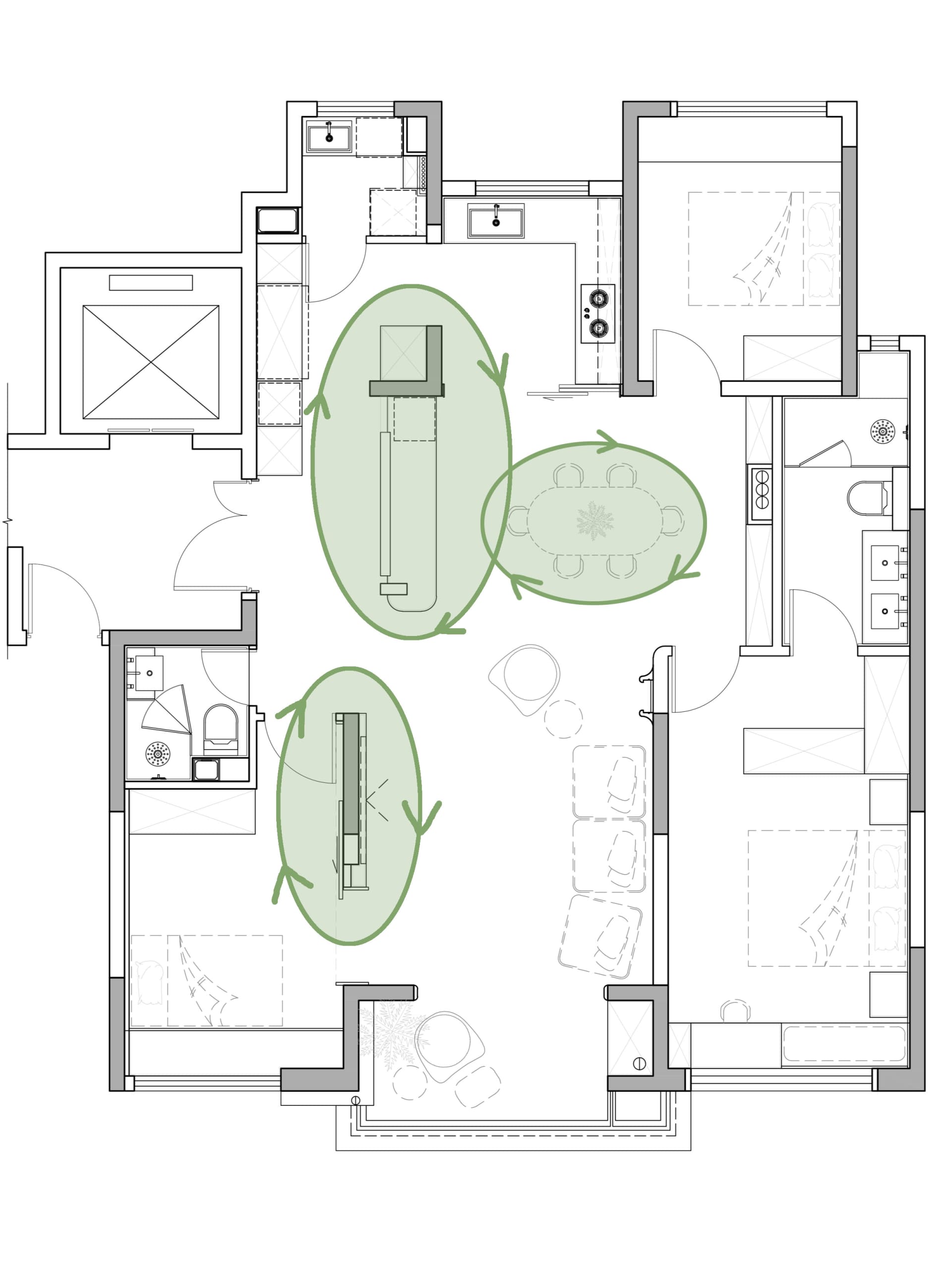 Top-down architectural floor plan of a three-bedroom apartment showing room layouts, furniture placement, and highlighted circulation zones in green.