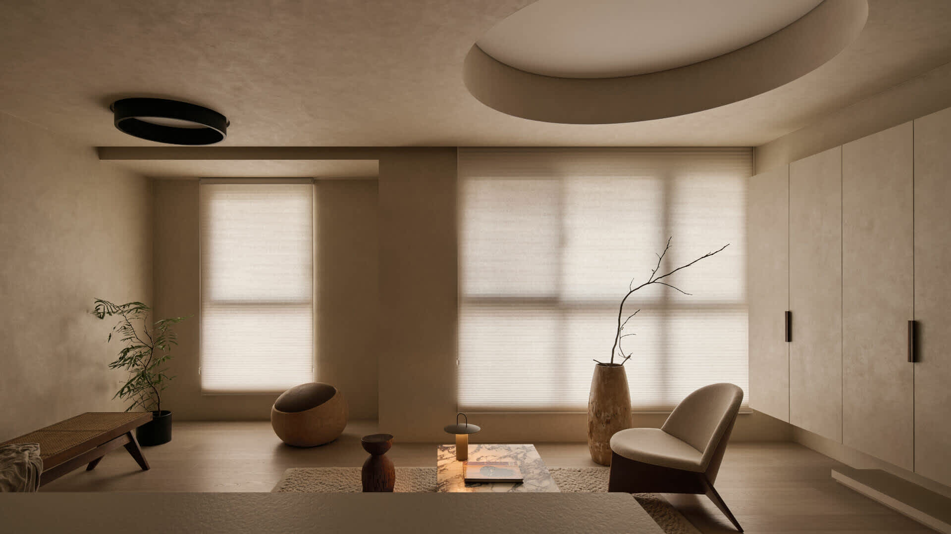 Minimalist living room featuring micro-cement walls, a curved ceiling detail, low wooden lounge chair, marble coffee table, and large windows with sheer blinds.