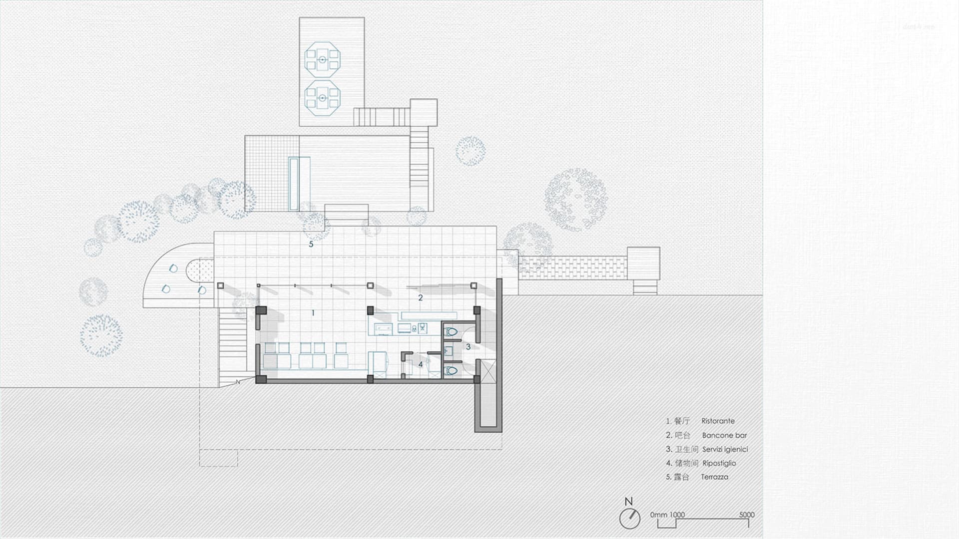 Technical floor plan drawing of a modern Italian restaurant including dining hall, bar counter, restrooms, storage, and rooftop terrace with north orientation indicator.