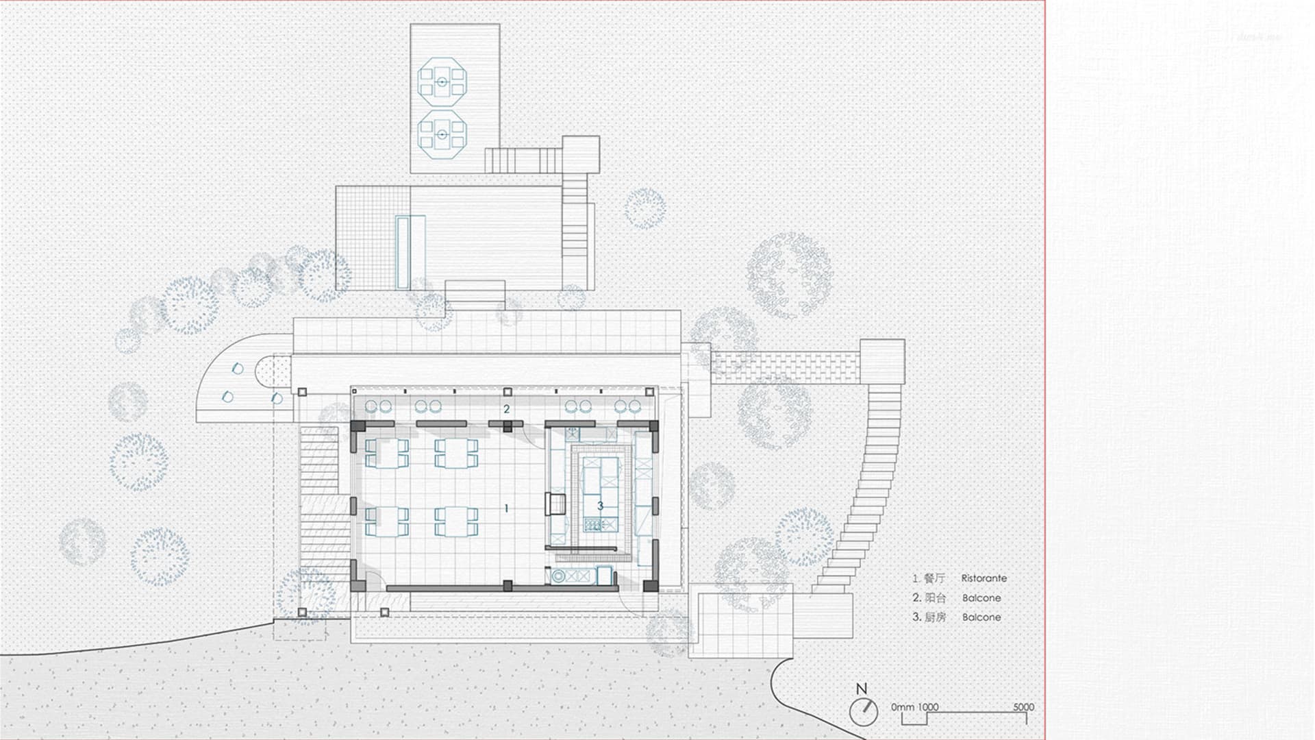 Technical architectural floor plan drawing of a modern restaurant featuring numbered dining areas, kitchen, two balconies, and surrounding landscaped garden with north arrow and scale.