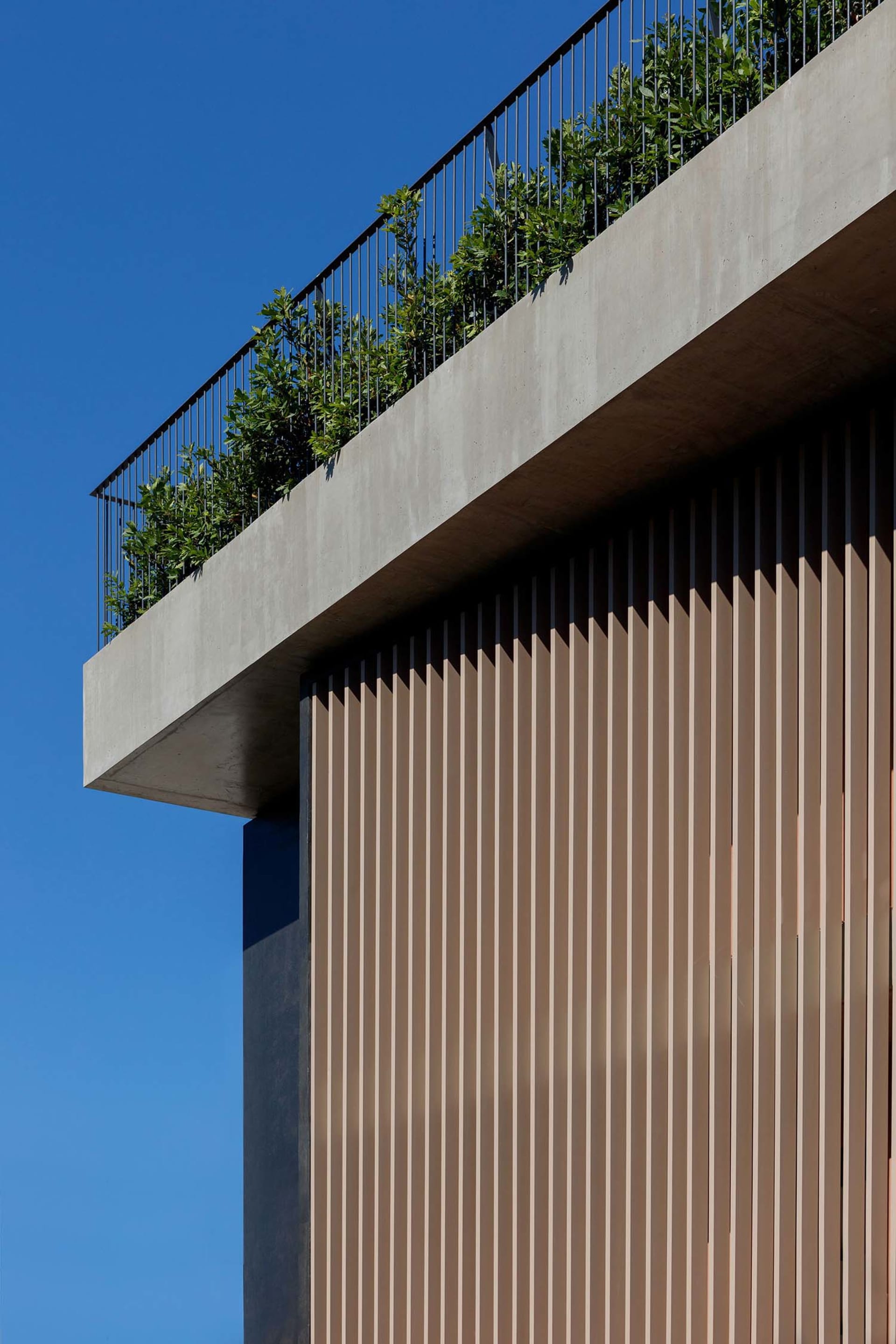 Low-angle view of a modern building featuring a concrete overhang balcony with metal railing and dense green plants against a clear blue sky, with vertical light-brown wooden slats on the facade.