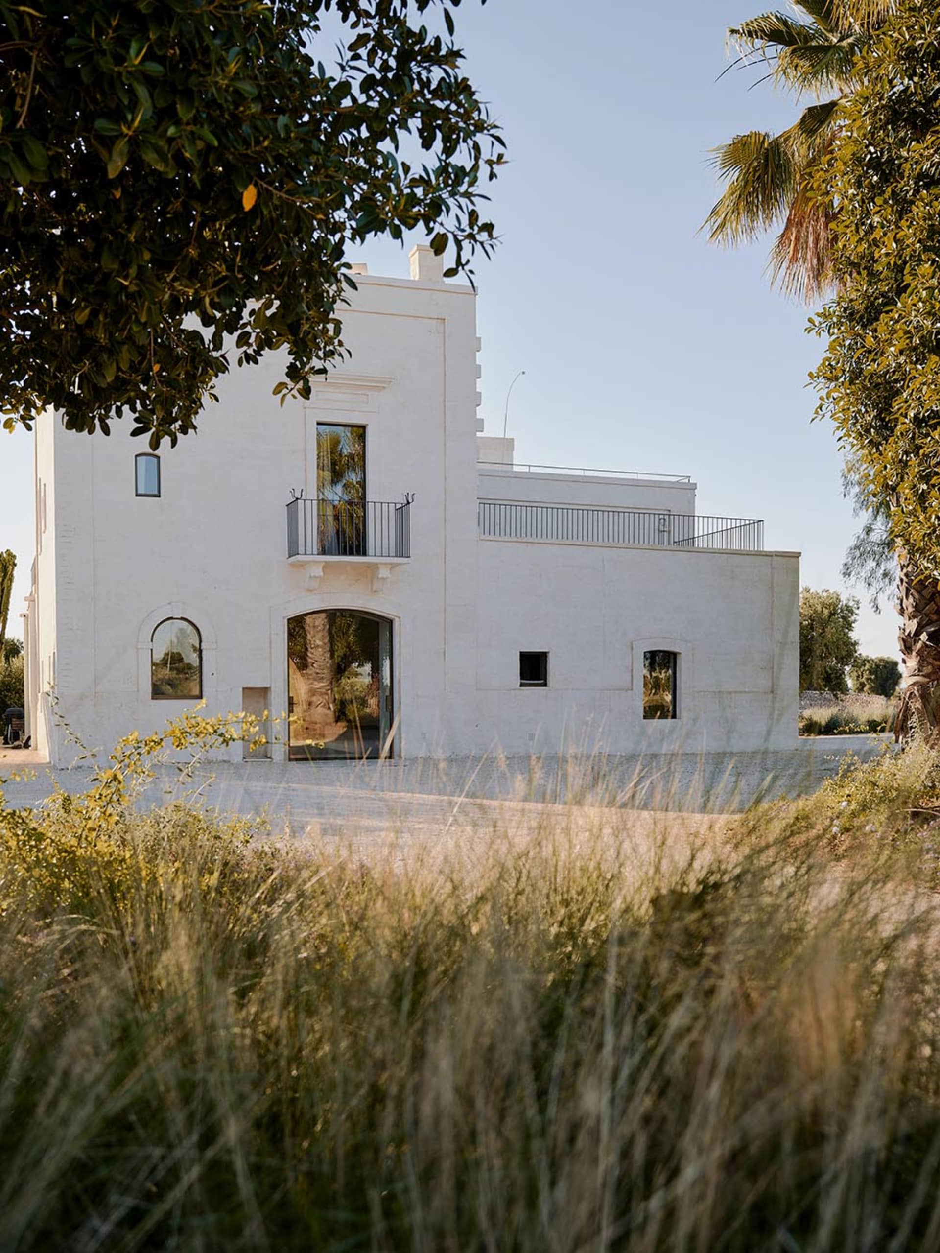 Modern white plaster Mediterranean villa with arched doorway and balcony, surrounded by tall ornamental grasses and palm trees at golden hour.