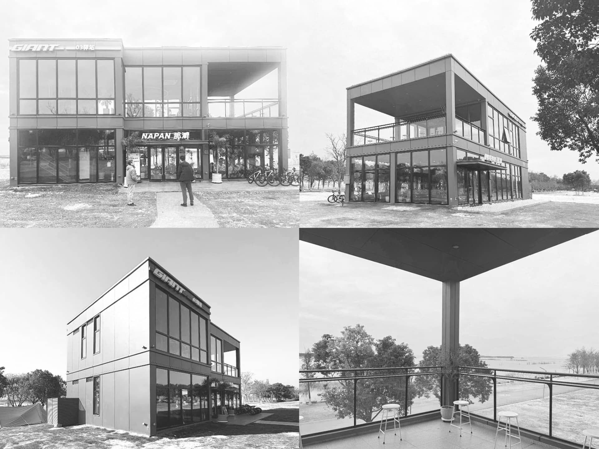 Black and white architectural photographs of the Giant and Napan bicycle store in Taiwan, showing its minimalist industrial design with extensive glass facades and cantilevered upper floor.