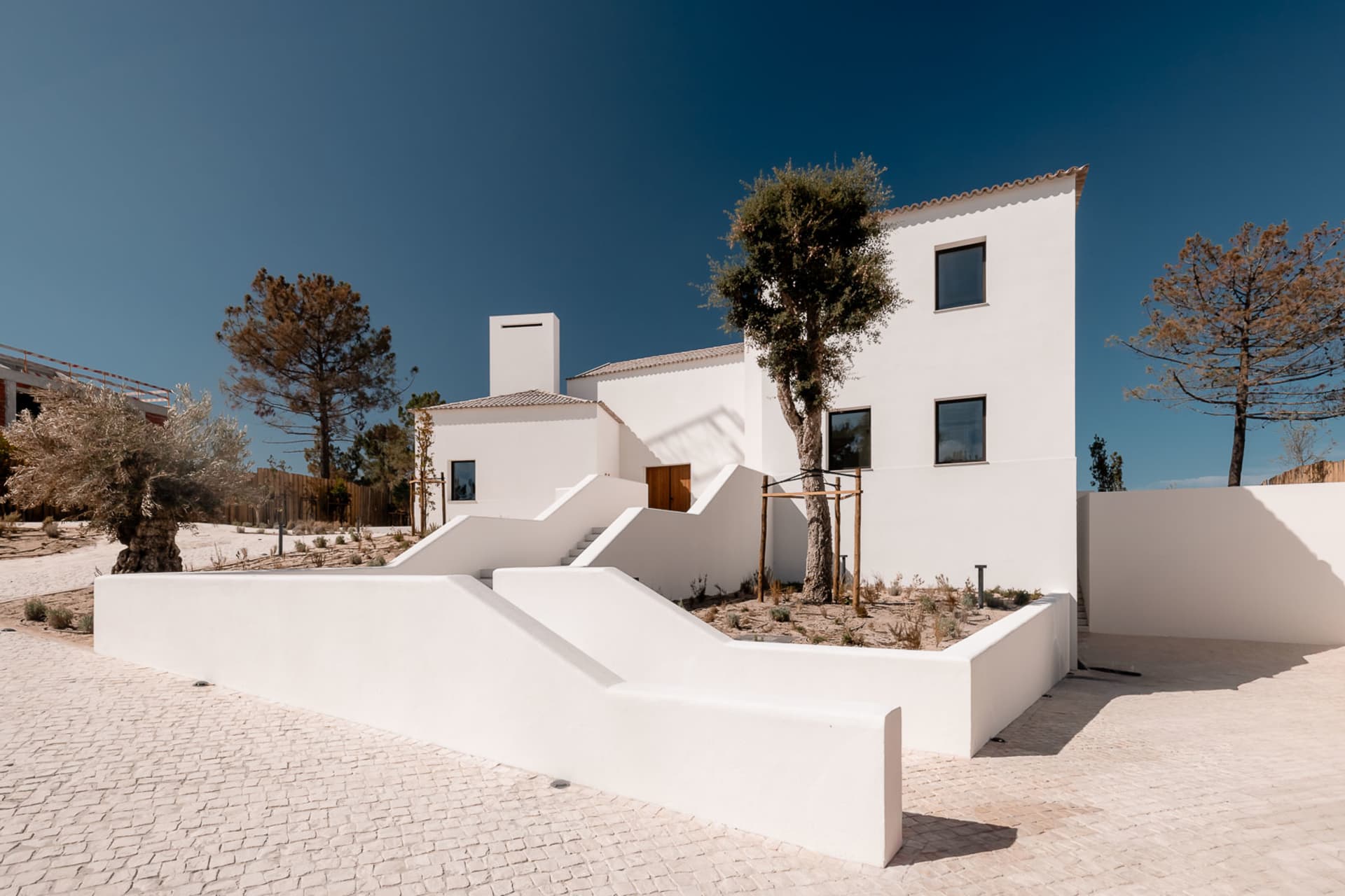 Modern white stucco Mediterranean villa with stepped white walls, terraced garden, olive trees, and bright blue sky in a sunny coastal setting.