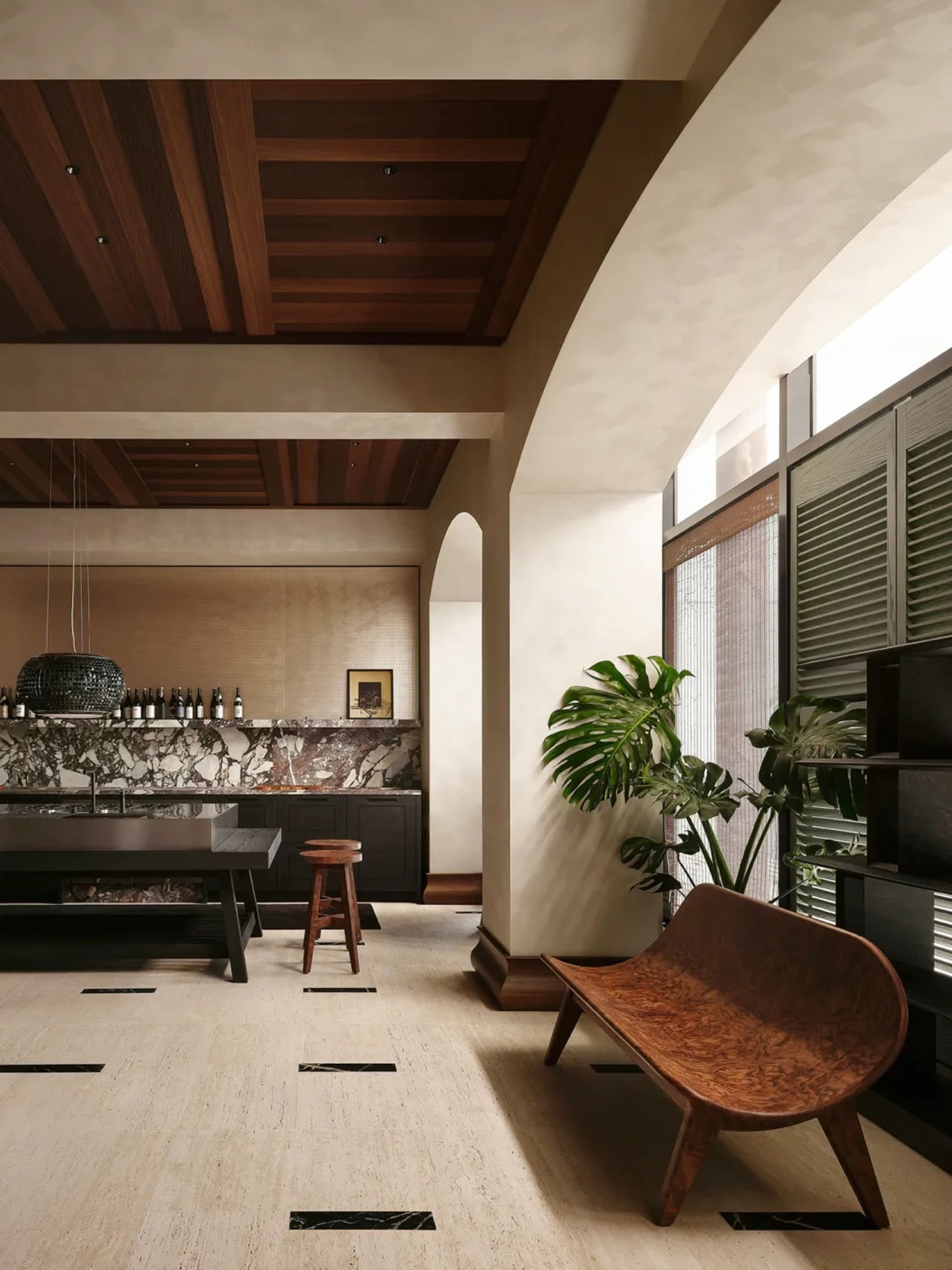 Modern living room featuring a curved architectural arch, a sculptural walnut lounge chair, large monstera plant, marble bar counter, and dark wood ceiling panels.