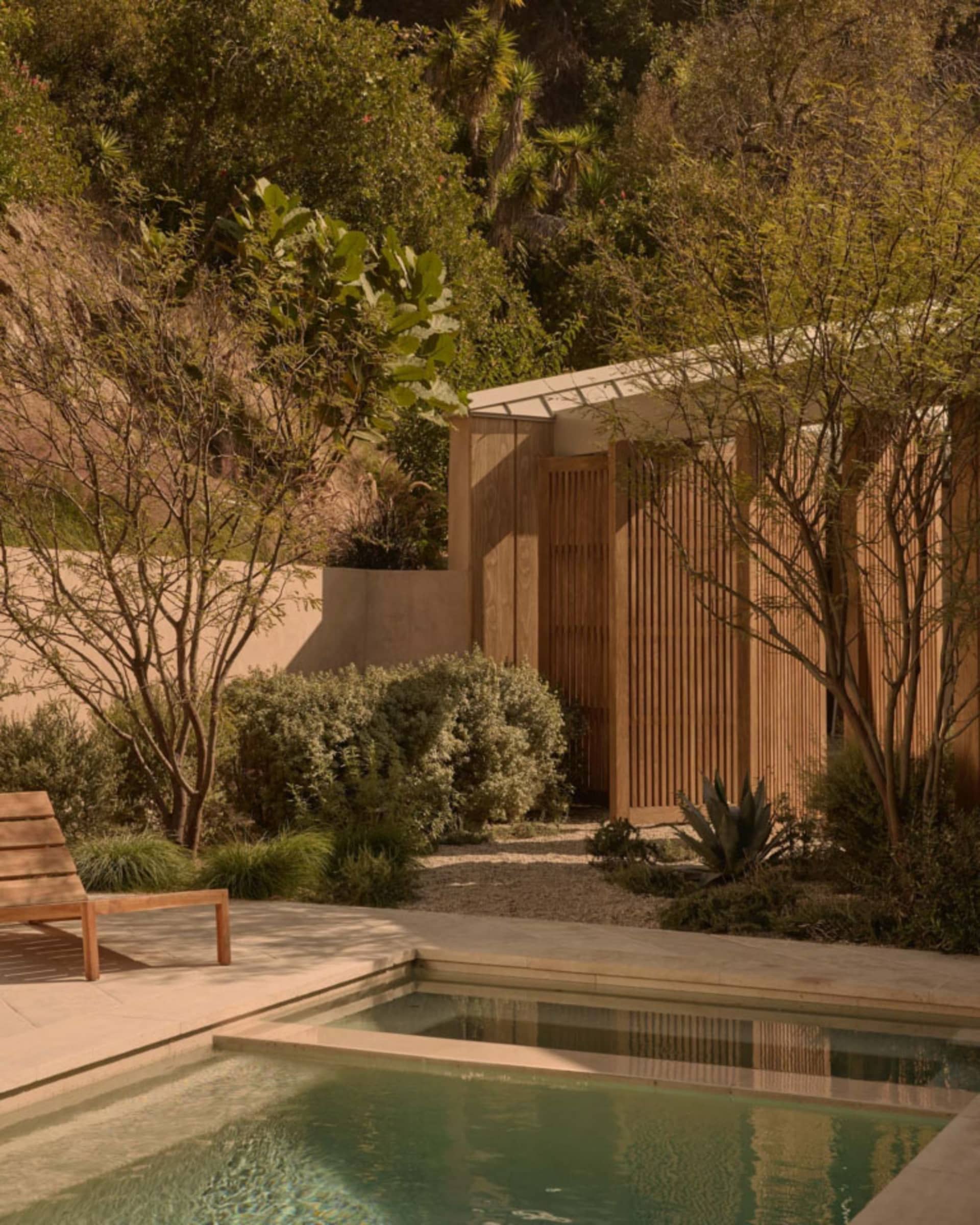 Modern teak wood cabana with vertical slats next to a natural swimming pool on a sunny hillside surrounded by native California landscaping and trees.