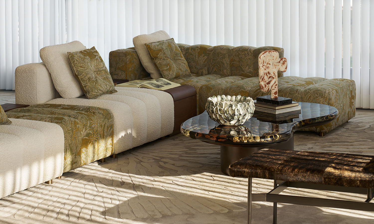 Cozy living room with layered textiles, cushions in warm accent tones, and a relaxed earthy mood.