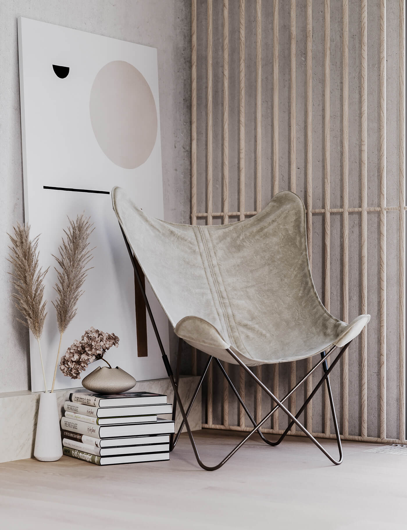 Minimalist lounge chair in neutral leather tones, arranged as a simple reading corner with clean lines.
