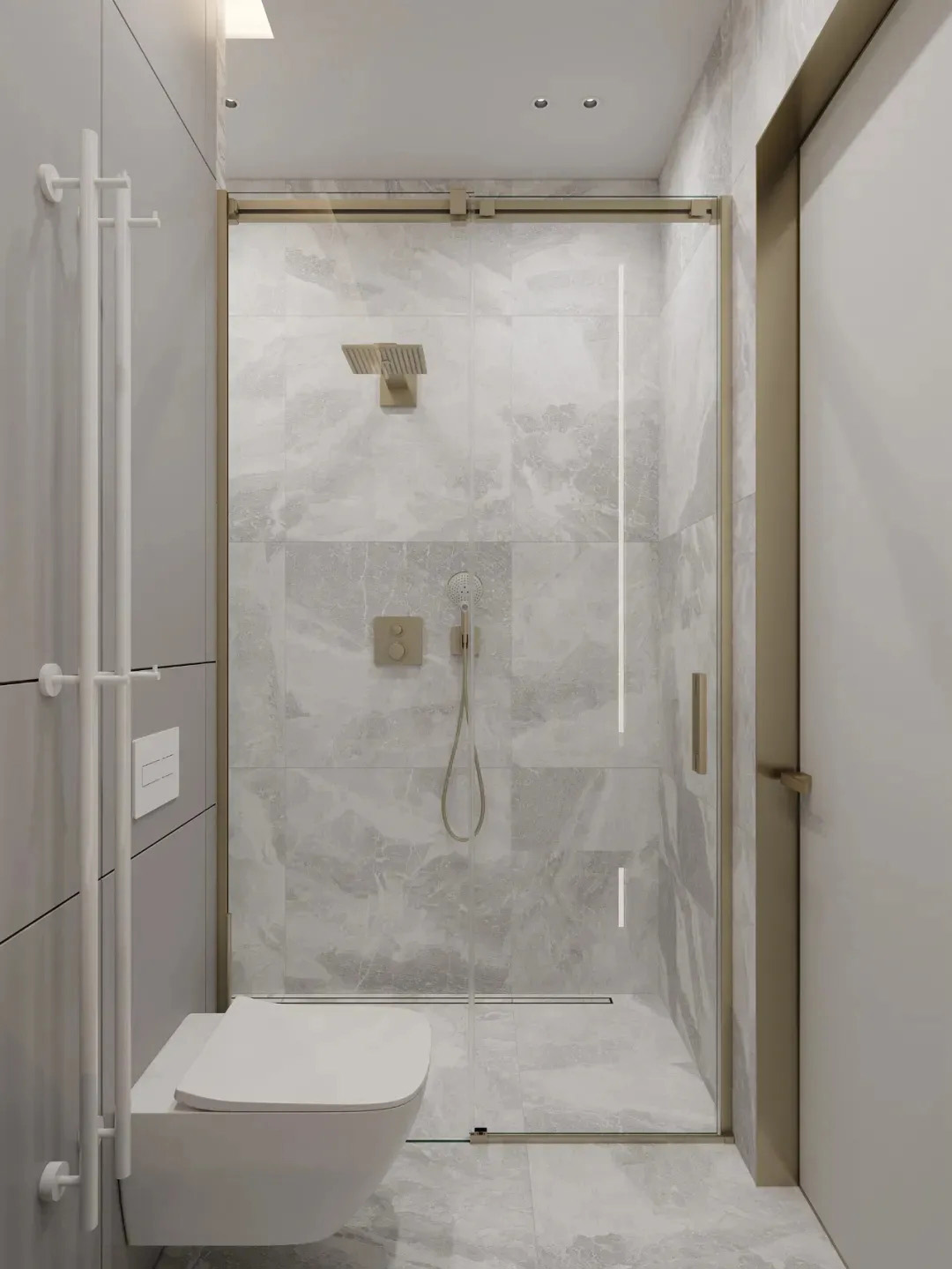 Modern marble bathroom with warm stone surfaces, open-plan wet room, and minimal spa-style fixtures in natural light.