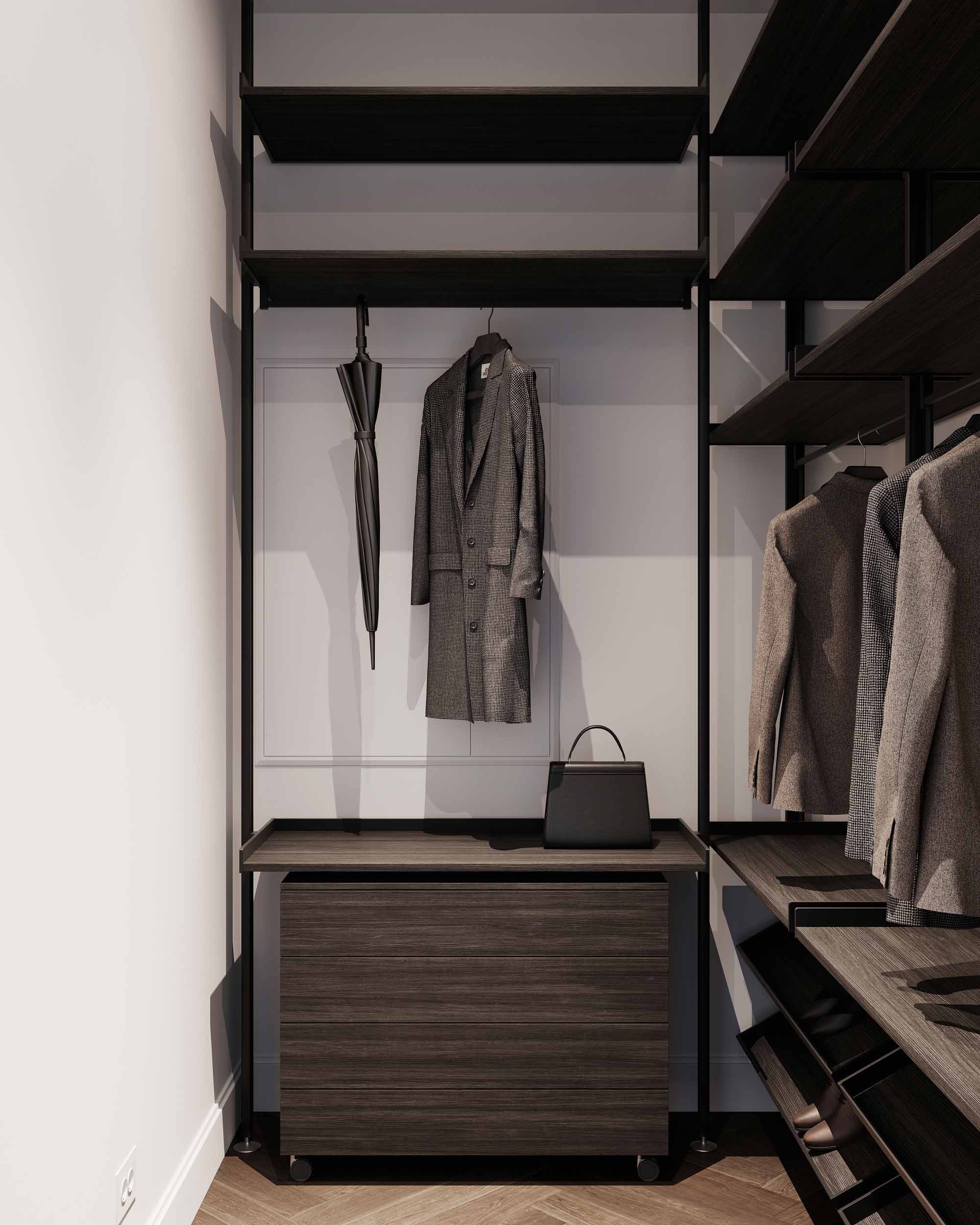 Modern closet interior showing warm wood grain texture on built-in cabinetry panels.