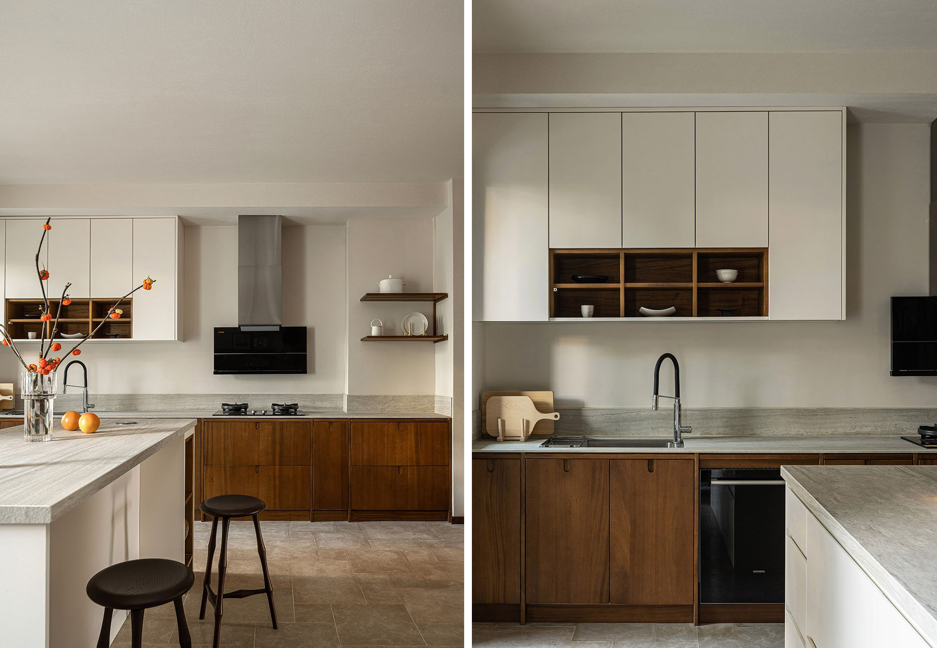 Modern kitchen with marble surfaces and warm wood accents — representing a refined design preview outcome before committing to a contractor deposit