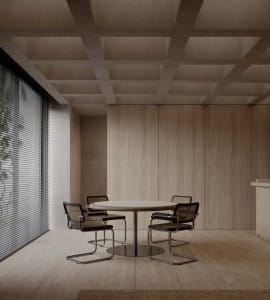 A modern office conference room featuring wooden walls and a round table.