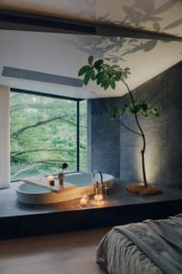 A modern minimalist bedroom featuring a stone bathtub and a potted plant, with a large window overlooking greenery.
