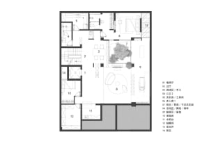 A detailed floor plan of a modern residential interior design, showcasing various functional zones.