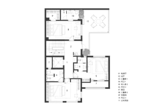 Floor plan of a modern residential design featuring glass panel walls, tiled flooring, and carpeted areas.