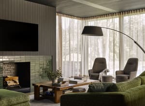 Modern living room with a fireplace, cozy seating, and large windows.