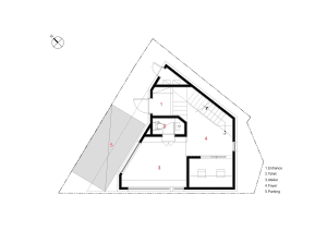 Diagram of a floor plan with angular shapes and labeled sections