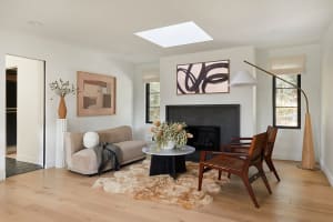 Minimalist living room with hardwood flooring, geometric art, and a fireplace.