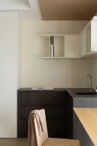 Minimalist kitchen featuring modern minimalism styled with dark wood cabinets and a concrete countertop.