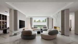 Modern style living room featuring elegant marble floors and furniture.