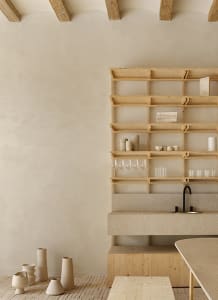 Modern minimalist kitchen with wooden shelves and concrete counter