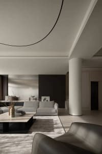 Modern living room featuring minimalist design with concrete walls, marble coffee table, and leather sofa.