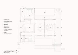 First floor layout of a house plan on paper