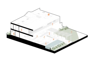 Modern house plan featuring glass, concrete, and timber materials.